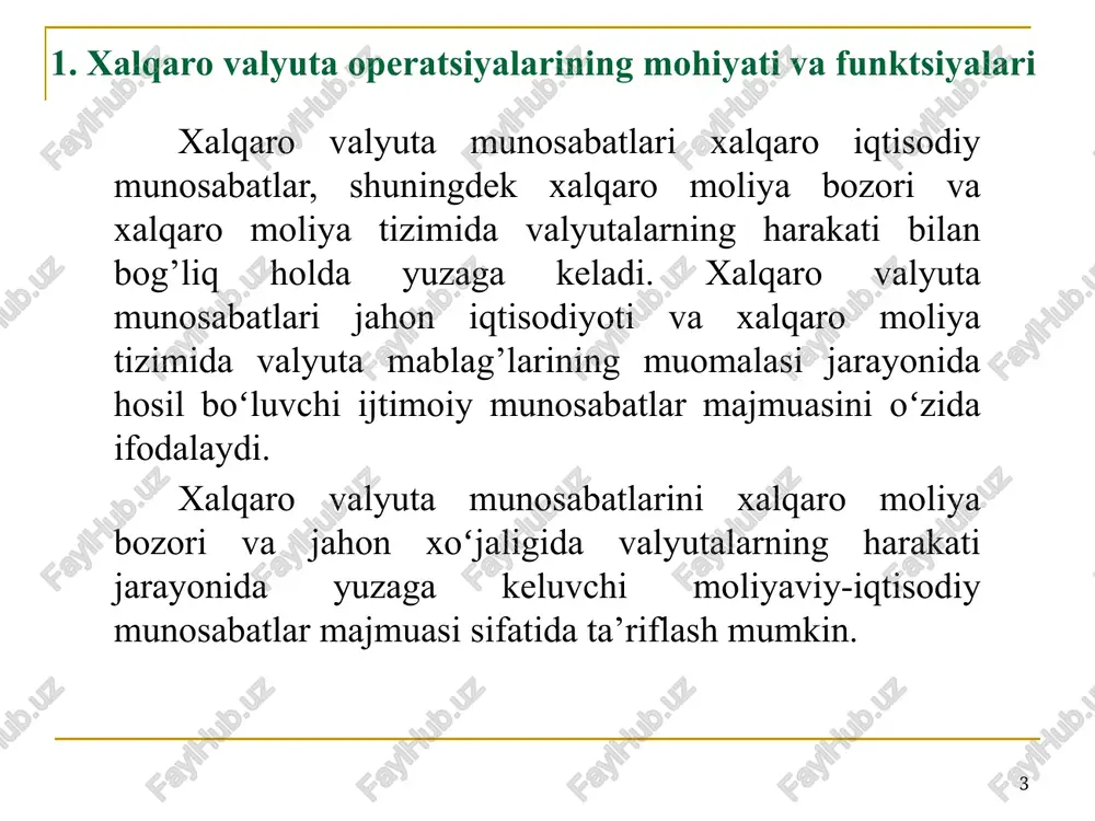 bozorida valyutalar savdosi yillik hajmining oʻzgarishi hisoblanadi. xalqaro valyuta munosabatlari ishtirokchilari spekulyativ valyuta operatsiyalari hisobiga yuqori daromad oladilar, lekin real iqtisodiyotning faoliyat koʻrsatish tamoyillari e’tiborga olinmaydi. bu esa valyuta munosabatlarini real iqtisodiy jarayonlardan ajratgan holda davriy valyuta inqirozlari uchun ob’ektiv asoslarni yuzaga keltiradi. spekulyativ valyuta oqimlarining yirik hajmda transchegaraviy koʻchishi real iqtisodiyotga salbiy ta’sir koʻrsatadi. birinchidan, valyutalar bilan bog’liq spekulyativ operatsiyalardan yuqori va tez fursatdagi daromad ularni jahon valyuta bozorida doimiy koʻchib yuruvchi “issiq” pullar (qisqa muddatli kapitallar) massasiga aylantirgan holda kapitalni uzoq muddatli investitsiyalashni cheklaydi. 9 xalqaro valyuta bozori (forex) ishtirokchilari tarkibi 10 1992-2019 yillarda jahon valyuta bozorining kunlik aylanmasi hajmi (mlrd. aqsh doll.) 11 sostavleno na osnove dannix banka mejdunarodnix raschetov (bmr), publikuemix v otchetax kajdie tri goda: triennial central bank survey: foreign exchange exchange and derivatives market activity in 2019 / bank for international settlements. september, 2019. yillar 1992 1995 1998 2001 2004 2007 2010 2013 2016 …