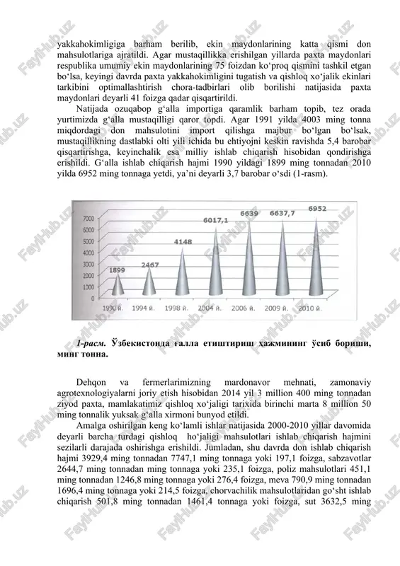 idan chiqarila boshladi. shu yili mashinasozlik kompleksiga qarashli 89 ta korxona, 81 ta yoqilg‘i energetika, 55 ta qurilish industriyasiga qarashli, 114 ta transport, 68 ta uy-joy - kommunal xo‘jaligi, 229 ta qayta ishlash korxonasi va 291 ta qurilish bilan bog‘liq obyektlar xususiylashtirildi. iqtisodiyotning davlat sektori negizida mingdan ortiq ochiq turdagi xissadorlik jamiyatlari, 6000 xususiy va oilaviy korxonalar vujudga keldi. 1998 yil 1 aprelga kelib aksariyat korxonalar xususiylashtirildi. agar 1993 yilda jami korxonalarning 33,4 foizdan ortig‘i davlatga tegishli bo‘lmagan korxona bo‘lsa, 1994 yilda bu ko‘rsatgich 57,7 foizga, 1998 yilda esa 88,2 foizga yetdi. davlat mulkini xususiylashtirish natijasida mamlakatimizda ko‘pukladli iqtisodiyot va o‘rta mulkdorlar sinfi vujudga keldi. 1997 yil boshida xususiy va kichik korxonalar soni 100 mingdan oshib ketdi. tarkibiy islohotlar mamlakatimiz aholisining farovonligi, eng avvalo, uning oziq-ovqat mahsulotlariga bo‘lgan ehtiyojini qondirish masalasiga qaratildi. statistika ma’lumotlarga ko‘ra, 1990 yili o‘zbekistonga 454,8 ming tonna un, 183,9 ming tonna kartoshka, 1401 ming tonna sut …