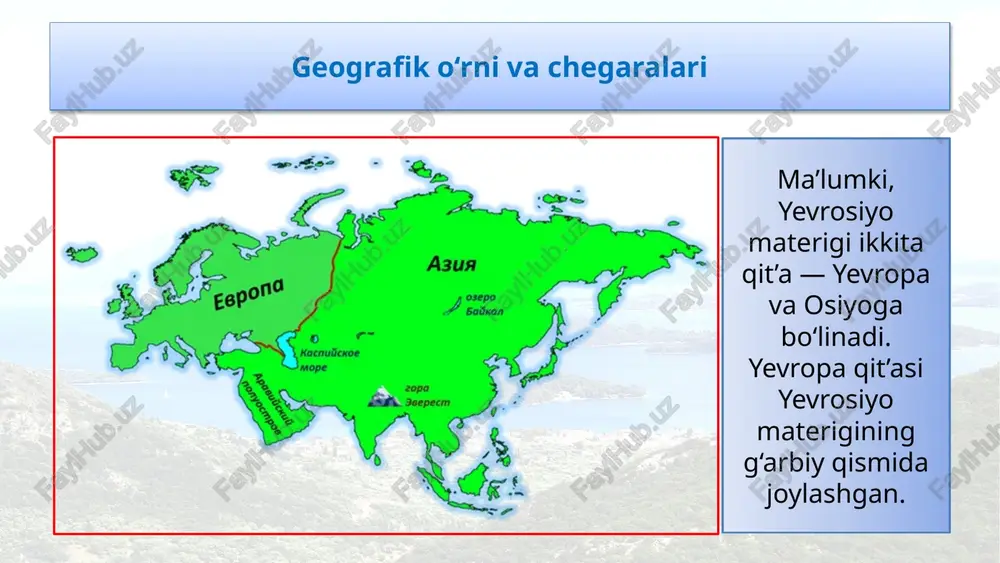 ikan yevropadagi respublikalarning katta qismi parlamentar respublikalar hisoblanadi (to‘q sariq rangda). germaniya ma’muriy-hududiy jihatidan yevropadagi 6 ta davlat federativ tuzilishga ega — avstriya, belgiya, bosniya va gersegovina, germaniya, rossiya, shveysariya. 6 3 4 2 1 5 davlat tuzilishi yevropa qit’asi 4 ta subregionga bo‘linadi: shimoliy yevropa, g‘arbiy yevropa, janubiy yevropa va sharqiy yevropa (47-rasm). bu subregionlar yevropa davlatlari orasidagi tabiiy, iqtisodiy va tarixiymadaniy o‘xshashlik hamda tafovutlarni hisobga olgan holda ajratilgan. subregionlari 1 3 2 4 topshiriqlar 1. mavzuni o`qish 2. kitobdan 2-,3-,4-topshiriqlarni bajarish 3. 45-,46-,47-rasmlarni chizib kelish 4. muhim ma’lumotlarni yozish © foydalanilgan adabiyotlar: v. n. fedorko, n. i. safarova, j. a. ismatov, e. y. nazaraliyeva– geografiya (jahon iqtisodiy-ijtimoiy geografiyasi), umumiy o‘rta ta’lim maktablarining 10- sinf o‘quvchilari uchun darslik, respublika ta’lim markazi, 2022 @edurtm_uz © internet manbalari: www.wikipedia.org www.eduportal.uz www.yaklass.ru www.ped-kopilka.ru www.worldatlas.com www.diercke.com www.pinterest.com www.prettywildworld.com www.autogear.ru © qambarov alimbek xatolari bo‘lishi mumkin, tekshirib ko‘ring. telegram manzil: geografiya metodika @geography_method image1.jpeg …