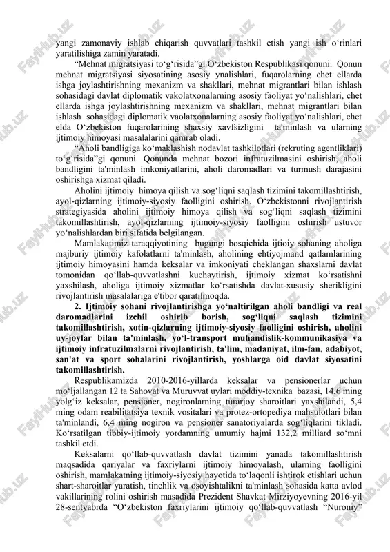 kka ko‘maklashi markazlari 248 ming kishini yoki 16,5 foizini ishga joylashtirgan.. buning asosiy sabablari ish faoliyatidagi eskirgan shakl va usullar hamda bandlik muammolarini hal etishdagi rasmiyatchilik bilan bog‘liq. bunday holat bandlikka ko‘maklashishning faol siyosat choralarini amalga oshirish, ya'ni ish o‘rinlarini yaratish, avalo yoshlarni va ijtimoiy yordamga muhtoj toifalarini ish bilan ta'minlash, tadbirkorlik faolligini rag‘batlantirish chorasini ko‘rishga zaruriyatini kelitirib chiqaradi. mehnat vazirligi ma'lumotlariga ko‘ra, 2016-yilda bandlikka ko‘maklashish markazlariga ish so‘rab murojaat qilganlarning 93,2 foizi ishga joylashtirilgan. o‘zbekiston respublikasi vazirlar mahkamasining 2012-yil 20-apreldagi “qoraqalpog‘iston respublikasi, viloyatlar va toshkent shahrida ishbilarmonlik muhitining holati va ijtimoiy-iqtisodiy rivojlantirish darajasi indikatorlarini har chorakda baholash tizimini tasdiqlash to‘g‘risida”gi 117-son qaroriga ilovada ishsizlik darajasini baholash mezoni keltirilgan. unga ko‘ra, respublikada ishsizlik darajasi (5,3 foiz) mu'tadil hisoblanadi. ammo respulikada ishsizlik darajasi bir muncha yuqori bo‘lgan, tog‘li, chegara oldi hududlarida joylashgan, ishlab chiqarish va ijimoiy soha yetarli darajada rivojlanmagan 34 ta tuman mavjud. mazkur tumanlarda ishni o‘rni tashkil etishga aholi …