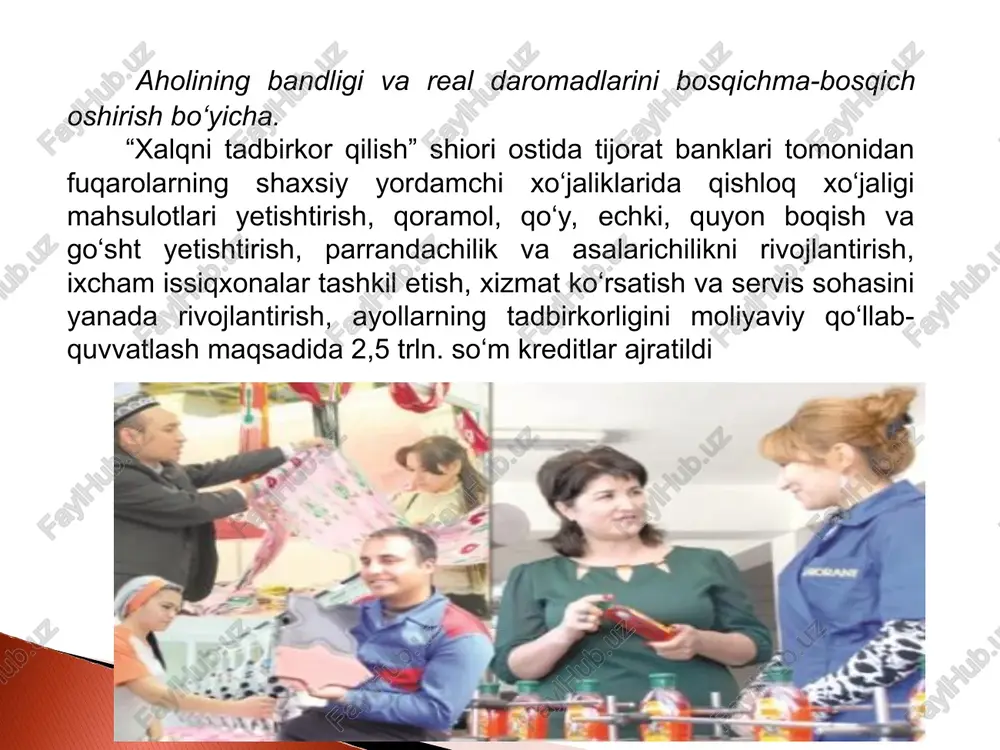 lan birgalikda “mahallaning eng namunali tadbirkor ayoli” tanlovining mahallalararo va tuman (shahar) bosqichlarini o‘tkazish nizomi ishlab chiqildi. joriy yilning iyun oyida har bir mahallada tanlov o‘tkazilib, bittadan eng yaxshi deb topilgan biznes loyiha tanlab olinadi. tuman (shahar) bosqichi iyul-avgust oyida o‘tkazilishi belgilangan. “tadbirkor qizning eng yaxshi loyihasi-2017 yil” tanlovini o‘tkazish to‘g‘risida qo‘shma qaror 2017 yil 20 mart kuni imzolandi. tanlovning nizomi, tashkiliy ishchi guruh a'zolari shakllantirildi. aholini ijtimoiy himoya qilish va sog‘liqni saqlash tizimini takomillashtirish. mazkur bo‘limda 2017 yilda amalga oshirilishi nazarda tutilgan maqsadlar uchun hisobot davrida 37,0 mlrd. so‘m (5%) va 9,2 mln. aqsh dollari (9%) yo‘naltirildi. qoraqalpog‘iston respublikasi, viloyatlar va toshkent shaxridagi 9 766 ta fuqarolarning o‘zini o‘zi boshqarish organida fuqarolar yig‘ini raisining o‘rinbosari – keksalar va faxriylar ishlari bo‘yicha maslahatchilari saylovlari o‘tkazilmokda. bugungi kungacha 1 371 ta mahallada fuqarolar yig‘ini raisining o‘rinbosari – keksalar va faxriylar ishlari bo‘yicha maslahatchilari saylangan. saylov jarayonlari davom etmoqda. 978 nafar pensiya …