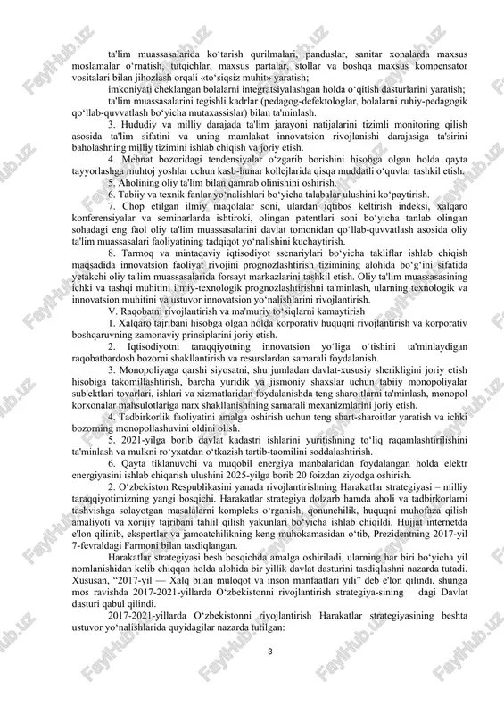 ar bazalari va banklarini shakllantirish, yuritish va ulardan foydalanishga ixtisoslashgan respublika, tarmoq va hududiy ilmiy-texnik axborot resurslari va tashkilotlaridan iborat davlat ilmiy-texnik axborot tizimini yaratish. 6. intellektual mulk ob'ektlarini baholash mexanizmlarini takomillashtirish. 7. texnologiyalar transferi bo‘yicha milliy va hududiy ofislarni tashkil etish. 8. ilg‘or texnologiyalarni ishlab chiqish va joriy etish uchun texnoparklar xabi, erkin iqtisodiy zonalar, erkin sanoat zonalari, kichik sanoat zonalari va ilmiy-ishlab chiqarish klasterlarini tashkil etish. 9. xorijiy hamkorlar bilan mahalliy ilmiy hajmdor mahsulotlar ishlab chiqarish va uni tashqi bozorda sotish bo‘yicha qo‘shma tashkilotlarni shakllantirish uchun davlat ko‘magini kuchaytirish. ii. innovatsion faoliyatni moliyalashtirish tizimini takomillashtirish. 1. ilmiy-tadqiqot va tajriba-konstruktorlik ishlariga sarflanadigan davlat xarajatlarini ko‘paytirish va 2021-yilga borib bu ko‘rsatkichni yalpi ichki mahsulot hajmining 0,8 foiziga yetkazish. 2. innovatsion faoliyatni moliyalashtirish bo‘yicha maxsus institutlar (innovatsiya jamg‘armalari, innovatsiya banklari, venchur jamg‘armalari) tashkil etish. 3. mamlakatni innovatsion rivojlantirishni rag‘batlantirish uchun bank kreditini olish tartib-taomillarini va talablarini soddalashtirish. 4. innovatsion taraqqiyotni mikromoliyalashtirish …