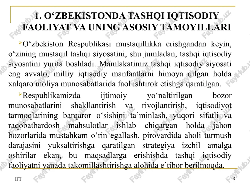 sheriklarning ichki ishlariga aralashmaslik; xorijiy davlatlar va xalqaro tashkilotlar bilan bitimlar bo'yicha qabul qilingan majburiyatlarni halol va aniq bajarish printsiplari; hamma tomonidan e'tirof etilgan boshqa xalqaro normalar, qoidalar va shartlarga rioya etish. o‘zbekiston respublikasida tashqi iqtisodiy faoliyatning ob’ektlari bo‘lib, hamma turdagi resurslar, xalq xo‘jaligining barcha tarmoqlari va sohalarida yaratiladigan tovarlar hamda ko‘rsatiladigan xizmat, qimmatbaho qog‘ozlar, fan-texnika mahsulotlari, intellektual va boshqa boyliklar hisoblanadi. o‘zbekiston respublikasi qonunlari bilan tashqi iqtisodiy faoliyatda foydalanish man etiladigan ob’ektlar bundan mustasnodir. mulkchilikning shakllaridan qat’i nazar, o‘zbekiston respublikasida tashqi iqtisodiy aloqalarning ishtirokchilari sifatida ro‘yxatga olinib, respublika hududida yoki uning tashqarisida ish olib borayotgan yuridik va jismoniy shaxslar, shu jumladan ajnabiy yuridik va jismoniy shaxslar, xalqaro tashkilotlar o‘zbekiston respublikasi tashqi iqtisodiy faoliyatining sub’ektlari bo‘lishi mumkin. 8 ift 9 ift mamlakatimizda tashqi iqtisodiy faoliyatni davlat tomonidan tartibga solish quyidagilarni o‘z ichiga oladi: tashqi iqtisodiy faoliyat sub’ektlarini ro‘yxatdan o‘tkazish; tabaqalashtirilgan soliqlar va imtiyozlar sistemasi, shu jumladan valyuta bo‘yicha ham belgilanish; …