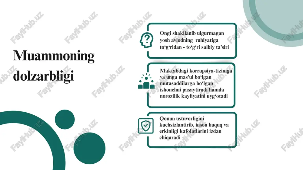 ta’lim tizimida yoshlar o‘rtasida halollik va vijdonli bo‘lishni targ‘ib qilishga, korrupsiya va poraxo‘rlikning zararlari haqidagi tushunchalarni shakllantirishga imkon beradigan loyiha ham ishlab chiqqan. mazkur loyiha doirasida maktab o‘quvchilari orasida turli xildagi tadbirlar, jumladan, boshlang‘ich sinf o‘quvchilariga noinsoflik, vijdonsizlik aks etgan multifilmlar yoki ertaklar ijro etilib, ularning fikrlashlari uchun muhokamaga tashlanadi. qiyosiy tahlil xorijiy mamlakatlar ta’lim tizimida korrupsiya omillarini oldini olish bo‘yicha vazifalarning qiyosiy tahlili, yondashuvlarning o‘xshash va farqlarini aniqlashga yordam beradi o‘zbekistonda yurtimizda asosan korrupsiyaga qarshi kurashish targ‘iboti seminar, davra suhbatlari, konferensiyalar orqali olib boriladi. xorijda o'rganilgan xorij davlatlarida korrupsiyaga qarshi kurashish boshlang‘ich sinflarda ilk dastlabki tushunchalar berilib, o‘quvchilar ishtirokida rolli ijrolar orqali namoyishlar, sahna ko‘rinishlari ijro etiladi, ularning fikrlashlari uchun muhokamaga tashlanadi. barcha o‘quvchilarning fikrlari yozib olinib, tanlovlarga jo‘natiladi. tanlov “korrupsiyaga qarshi birgalikda” shiori ostida o‘tkaziladi. taklif ta’lim muassasalarida korrupsiyaga qarshi kurashish targ‘ibot ishlarida asosan amaliy ko‘rgazmalar, sahna ko‘rinishlari, ta’sirchan roliklar namoyishlarini amalga oshirish zarur. maktablarda “huquqiy savodxon” klublarini …
