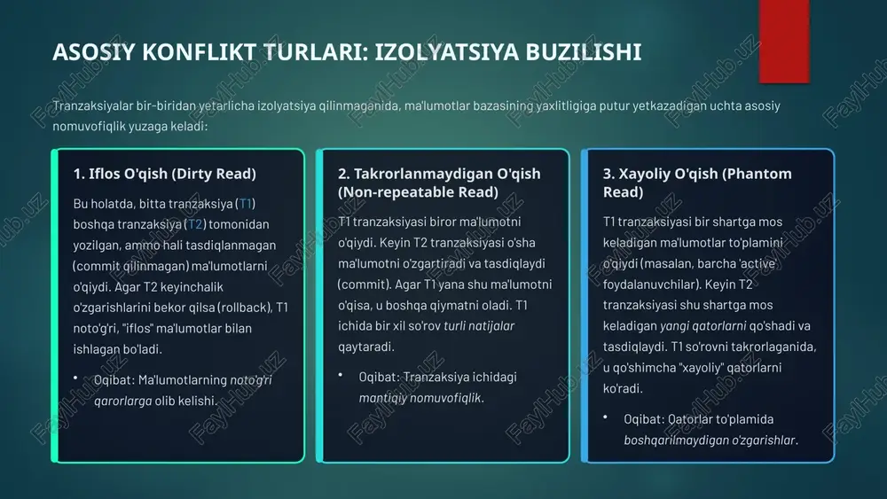 hunchalik past bo'lishi mumkin. unumdorlik xavfsizlik eng keng tarqalgan va samarali darajalar: 1 read committed iflos o'qishlarga yo'l qo'ymaydi. faqat tasdiqlangan (committed) ma'lumotlarni o'qiydi. aksariyat ma'lumotlar bazalari uchun standart hisoblanadi (masalan, postgresql, oracle). 2 repeatable read iflos va takrorlanmaydigan o'qishlarga yo'l qo'ymaydi. tranzaksiya davomida o'qilgan ma'lumotlar o'zgarmasligini ta'minlaydi. mysql innodb uchun standart. 3 serializable eng yuqori daraja. barcha konfliktlarni (iflos, takrorlanmaydigan, xayoliy) to'liq bartaraf etadi. tranzaksiyalar ketma-ket bajarilgandek taassurot qoldiradi. eng sekin va blokirovkalash xavfi yuqori. 5 konfliktlarni boshqarish texnikalari: blokirovka (locking) blokirovka — bu tranzaksiyalarni izolyatsiya qilishning an'anaviy va eng samarali usulidir. u bir vaqtning o'zida bir nechta tranzaksiyaning bir xil ma'lumotlarga kirishini cheklaydi. eksklyuziv blokirovka (x-lock) ma'lumotni o'zgartirish (write) uchun ishlatiladi. bu blokirovkaga ega tranzaksiya yakka tartibda ma'lumotga ega bo'ladi; boshqa hech kim uni o'qiy olmaydi yoki o'zgartira olmaydi. ulushli blokirovka (s-lock) ma'lumotni o'qish (read) uchun ishlatiladi. bir nechta tranzaksiya bir vaqtning o'zida s-blokirovkaga ega bo'lishi mumkin, chunki …