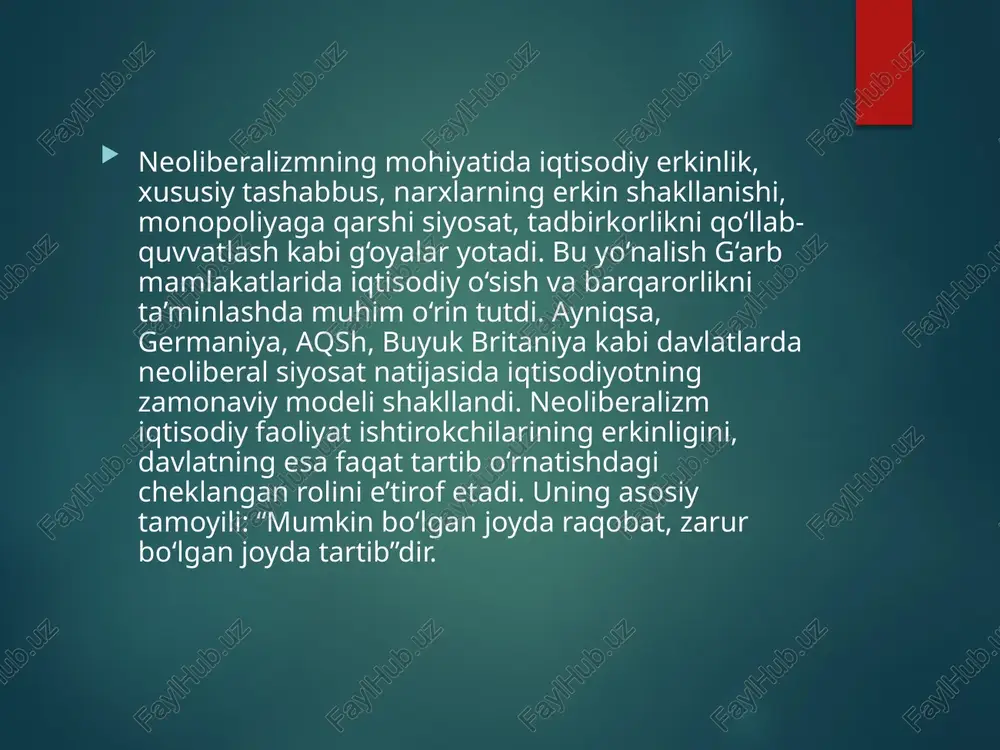 keyingi germaniya iqtisodiyotini tiklashda muhim rol o‘ynagan. u neoliberal tamoyillar asosida “iqtisodiy mo‘jiza”ni amalga oshirdi. 1948-yilda erxard boshchiligida pul islohoti o‘tkazilib, eski markalar o‘rniga yangi valyuta joriy qilindi. narxlar barqarorlashdi, “qora bozor” yo‘qoldi, ishlab chiqarish qayta tiklandi. u “mavjud iqtisodiyotni markazlashgan rejadan bozorga o‘tkazish” g‘oyasini ilgari surdi. erxard davlatning iqtisodiyotdagi rolini kamaytirgan bo‘lsa-da, muhim tarmoqlarni — metallurgiya, energetika, ko‘mir sanoatini qo‘llab-quvvatladi. bu davlat va bozor o‘rtasidagi muvozanatni saqlab qoldi. aqshning “marshall rejasi” doirasidagi yordami ham germaniyaning tiklanishiga turtki bo‘ldi. 1950-yilga kelib mamlakat urushdan oldingi ishlab chiqarish darajasiga yetdi. erxardning siyosati iqtisodiy barqarorlik, erkin raqobat va tadbirkorlikni qo‘llab-quvvatlash orqali ijtimoiy farovonlikka erishish mumkinligini amalda isbotladi. shu sababli u “ijtimoiy bozor xo‘jaligi” modelining asoschisi sifatida tan olingan. ijtimoiy bozor xo‘jaligi konsepsiyasi “ijtimoiy bozor xo‘jaligi” tushunchasini nemis iqtisodchisi alfred myoller-armak 1947-yilda fanga kiritgan. bu konsepsiya bozor erkinligi bilan ijtimoiy adolatni uyg‘unlashtiradi. uning mohiyatida raqobat, xususiy mulk va bozor mexanizmi asosida ishlab chiqarish yuritish …