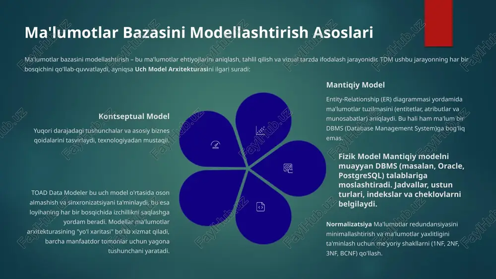 sitaga aylantiradi. uning kuchli reverse engineering imkoniyati ayniqsa mavjud, ammo yomon hujjatlashtirilgan tizimlar bilan ishlashda qimmatlidir. 4 ma'lumotlar bazasini dizayn qilishda qanday yordam beradi? vizual yondashuv orqali tushunish toad data modeler ma'lumotlar arxitektori uchun "o'yin maydoni"ni yaratadi. u ma'lumotlar strukturalarini vizual tarzda ko'rish imkonini beradi, bu esa murakkab munosabatlar va cheklovlarni darhol tushunishga yordam beradi. qo'lda sql kodini yozish o'rniga, foydalanuvchi jadvallar, kalitlar va munosabatlarni diagrammada chizish orqali loyihalaydi. munosabatlarni aniqlash: kalit munosabatlarni (birga-bir, birga-ko'p, ko'pga-ko'p) aniq belgilash va ularning kaskadli xatti-harakatlarini (on delete, on update) sozlash. xatolarni oldini olish: modelni yaratish jarayonida yaxlitlik cheklovlari va nomlash standartlariga rioya etilishini ta'minlash orqali dizayn xatolarini minimallashtirish. muloqotni osonlashtirish: texnik bo'lmagan manfaatdor tomonlar (biznes tahlilchilari) bilan modelni muhokama qilish uchun umumiy, tushunarli tilni (diagrammalar) taqdim etish. dizayn jarayonida kiritilgan har qanday o'zgarishlar darhol vizual aks ettiriladi, bu esa modelning reaktivligi va moslashuvchanligini oshiradi. 5 ma'lumotlar bazasining samaradorligini oshirish toad data modeler nafaqat …