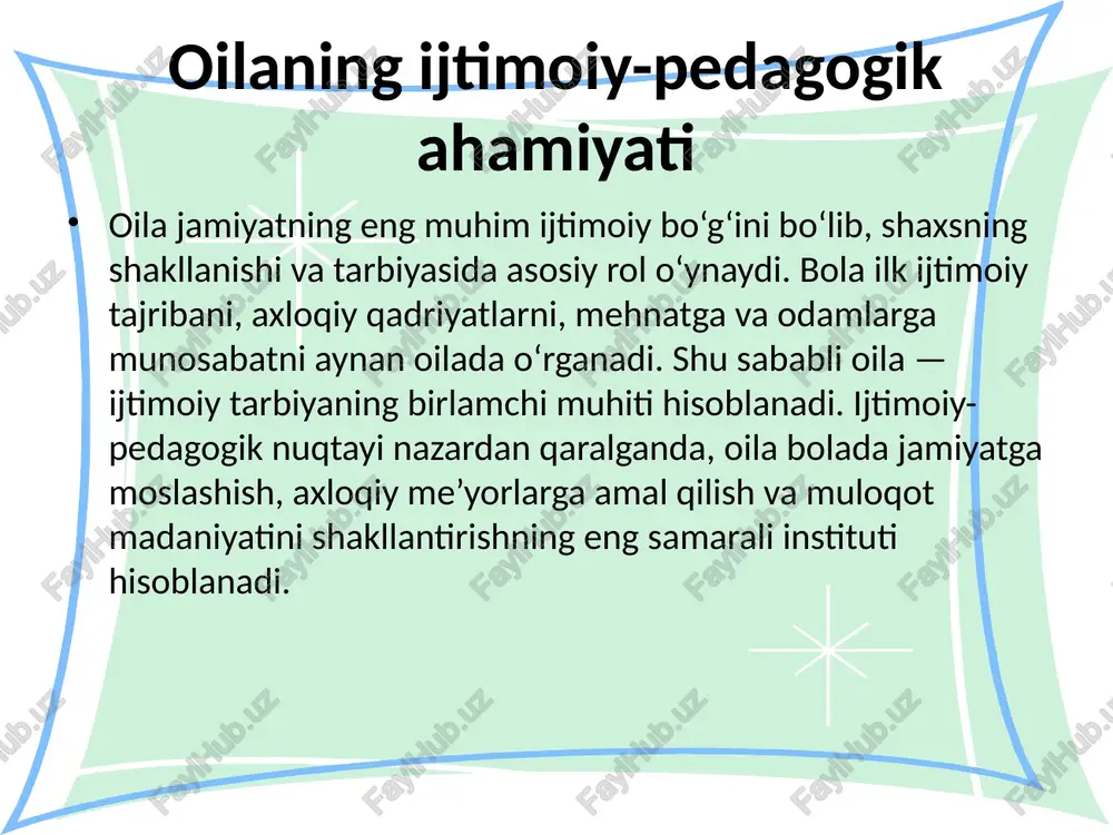 il metodlaridan foydalanadi. shuningdek, mahalla, maktab, tibbiyot muassasalari va huquqni muhofaza qiluvchi organlar bilan hamkorlikda oilaning ijtimoiy himoyasini kuchaytiradi. muammoli oilalarda bolalarning huquqlari buzilmasligi, ularning ta’lim olishi va sog‘lom rivojlanishi uchun shart-sharoit yaratilishi zarur. pedagog bu jarayonda nafaqat maslahatchi, balki yo‘l-yo‘riq ko‘rsatuvchi shaxs sifatida qatnashadi. shunday qilib, muammoli oilalar bilan samarali ishlash orqali jamiyatda ijtimoiy barqarorlik va sog‘lom tarbiya muhiti ta’minlanadi. oilaga ko’rsatiladigan ijtimoiy-pedagogik yordam shakllari. maslahat berish metodik yordam ko’rsatish ijtimoiy himoya qilish foydalanish uchun adabiyotlar: 1. quronov m. ijtimoiy pedagogika. – t.: nizomiy nomidagi tdpu, 2003. 2. egamberdieva n. ijtimoiy pedagogika. – t.: a.navoiy nomidagi o’zb-n milliy kutubxonasi nashriyoti, 2009. 3. sodiqova sh. tinglovchilarni ijtimoiy-pedagogik faoliyatga tayyorlash / metodik qo’llanma. – t.: nizomiy nomidagi tdpu, 2009. 4. mudrik a.v. osnovi sotsialnoy pedagogiki. – m.: akadema, 2006. (mudrik a.v. osnovi sotsialnoy pedagogiki. – m.: akadema, 2006.) image2.jpeg image3.jpeg image4.jpeg image5.png image6.jpeg image1.wmf /docprops/thumbnail.jpeg