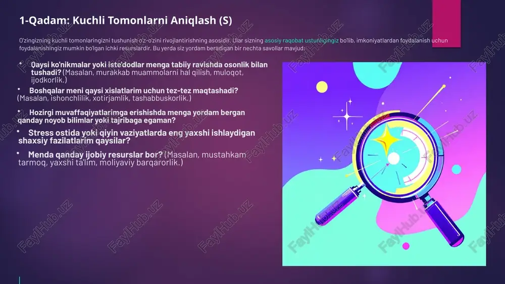 vosita bozor ehtiyojlariga mos keladigan narsalarni qidiring. tarmoq yaratish va mentoring sizning maqsadingizga erishgan mutaxassislar bilan aloqa o'rnatish imkoniyatlari bormi? konferensiyalar, vebinarlar yoki ijtimoiy media platformalaridan foydalaning. texnologik o'zgarishlar ishingizni avtomatlashtirish, samaradorlikni oshirish yoki yangi loyihalarni boshlash uchun yangi vositalar yoki dasturiy ta'minotdan foydalana olasizmi? 5 4-qadam: tahdidlarni tahlil qilish (t) tahdidlar - bu tashqi omillar bo'lib, ular sizning maqsadlaringizga erishishingizga xalaqit berishi yoki rejalaringizni murakkablashtirishi mumkin. ular ustidan to'g'ridan-to'g'ri nazoratingiz bo'lmasa-da, ularni oldindan bilish yumshatish strategiyalarini ishlab chiqish imkonini beradi. external threats impact on goal disrupted plans health or life changes need constant upskilling rapid tech change fewer opportunities job market competition tahdidlarga misollar: raqobat: siz intilayotgan sohada haddan tashqari ko'p mutaxassislar bormi, bu sizni ajralib turish uchun ko'proq harakat qilishga majbur qiladimi? iqtisodiy o'zgaruvchanlik: moliyaviy xavfsizlikni yoki o'qishga sarmoya kiritish imkoniyatini cheklovchi iqtisodiy pasayishlar. shaxsiy chalg'itishlar: oila, ijtimoiy majburiyatlar yoki salomatlik muammolari kabi vaqtingizni va e'tiboringizni talab qiladigan …