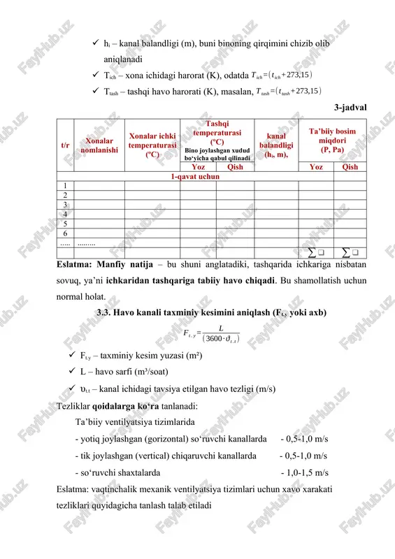 ardan xaqiqiy yuza tanlanadi va shu tanlangan xaqiqiy yuzaning ko‘ndalang kesim o‘lchamlari qabul qilinadi va qabul qilingan kesim o‘lchamlariga asoslanib kanallardagi xaqiqiy xavo xarakat tezliklari aniqlab qo’yiladi 3.4. havo harakati tezligini aniqlash (v, m/s) agar kanal kesimi ma’lum bo‘lsa: 5-jadval t/r xonalar nomlanishi xonalarda almashinoyotgan xavo sarfi (l, m3/soat) kanal ko‘ndalang kesimining xaqiqiy yuzasi (m²) kanal ichidagi xaqiqiy havo xarakat tezligi (υ, m/s) 1 2 3 4 5 6 ..... ......... mustaqil ishni tayyorlashda foydalaniladigan ilovalar turli xonalar uchun tavsiya etilgan kratnostlar (snip, o’zdst asosida): 1-ilova t/r xonalar nomlanishi havo almashinuv koeffitsiyenti (n) 1 uy yotoqxonalari 0.5 – 1 2 oshxona 6 – 12 3 hojatxona 5 – 10 4 vannaxonalar 4 – 8 5 ofis xonasi 2 – 4 6 sinf xonalari 3 – 6 7 server xonasi 6 – 15 8 sport zallari 6 – 10 turli xonalar uchun tavsiya etilgan ichki havo temperaturalari 2-ilova 1 yotoqxona 18-22°c. …