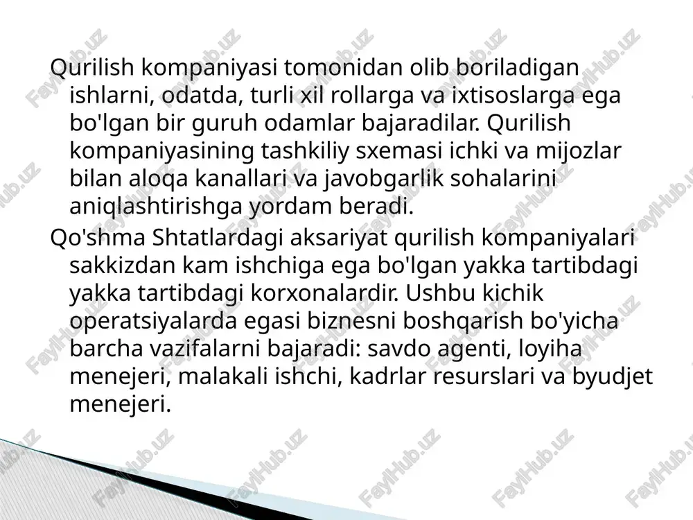 yiha rahbari u loyihalarni yuqori darajada nazorat qiladi, materiallar to'lovlari va ishchi kuchi talablari hisobga olinishini ta'minlaydi. loyiha koordinatori u loyihaning kundalik bajarilishini nazorat qiladi va quyi darajadagi xodimlarning haqiqatan ham ishni bajarishiga ishonch hosil qiladi. ishchilar saytdagi qurilish ishchilari odatda uchta toifaga bo'linadi: malakali, yarim malakali va malakasiz. malakali ishchi - bu qurilishning muayyan sohalarida, masalan, sanitariya-tesisat, elektrotexnika, devor va duradgorlik bo'yicha ta'lim olgan xodim. o'quvchilar sifatida tanilgan yarim malakali ishchilar ma'lum bir kasbni o'rganish va yordam berish uchun malakali ishchilar bilan bir qatorda ishlashadi. malakasiz ishchilar ish joyida ko'p ishlarni bajaradilar. ular saytni toza saqlash va malakali ishchilar osonroq ishlarini bajarish uchun qulay bo'lgan asbob-uskunalar va materiallarni harakatlantirish kabi vazifalarni bajaradilar. - xarid qilish bo'yicha menejer ularning asosiy roli kompaniyaning loyihalari va kundalik ehtiyojlarida ishlatiladigan materiallar va materiallarni sotib olishdir. turli xil etkazib beruvchilarni taqqoslashingiz va to'g'ri narxlar va sifatlarga ega narsalarni topishingiz kerak. - muhandislik bo'yicha menejer …