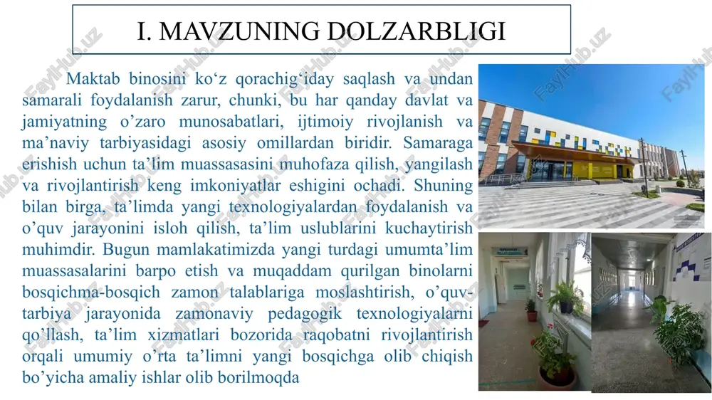 omillashtirilishi bino muhofazasini ham o’quv jarayonini samarali bo‘lishga xizmat qiladi. maktab binosini saqlashga katta e’tibor beriladi va bino muhofazasi yuqori darajada tashkil etiladi. finlandiyaning bino va infratuzilmasini yangilash, energiya samaradorligini oshirish, yangi texnologiyalardan foydalanish va bino muhofazasini ta’minlash uchun innovatsion yondashuvlarga yuz tutadi bino muhofazasi uchun belgilangan qonunlar va bino standartlari tahlil qilinib, binolarning ichki imkoniyatlaridan unumli foydalanish.. amalda o’zbekistonda amalda xorijda taklif yangi texnologiya-lardan foydalanish va bino muhofazasini oshirishga qaratilgan innovatsion yonda-shuvlar hamma maktablarda birdek tatbiq etilmaganligi; maktablarda 2 navbatda darslarni olib borilishi; finlandiyada maktab binolarini boshqarish avto-matlashtirish tizimi asosida amalga oshiriladi. finlandiyada bino muhofazasini boshqarish oson va xavfsiz bo’lishi uchun o’quv jara-yonlariga kun yorug’ligida amalga oshiriladi. bunda ham o’qituvchi – o’quvchi-lar xavfsizligi hamda bino muhofazasini amalga oshi-rish oson va qulay boradi. bizda hozirgi kunda bosqichma-bosiqch maktablarni zamonaviylashtirish, o’qituvchi va o’quvchilarga qulayliklar yaratish tizimi ustida ishlar olib boril-moqda. maktablarni zamonaviylash-tirish asosan shahar maktablarida amalga oshirilibgina qolmasdan chekka joylarda joylashgan …