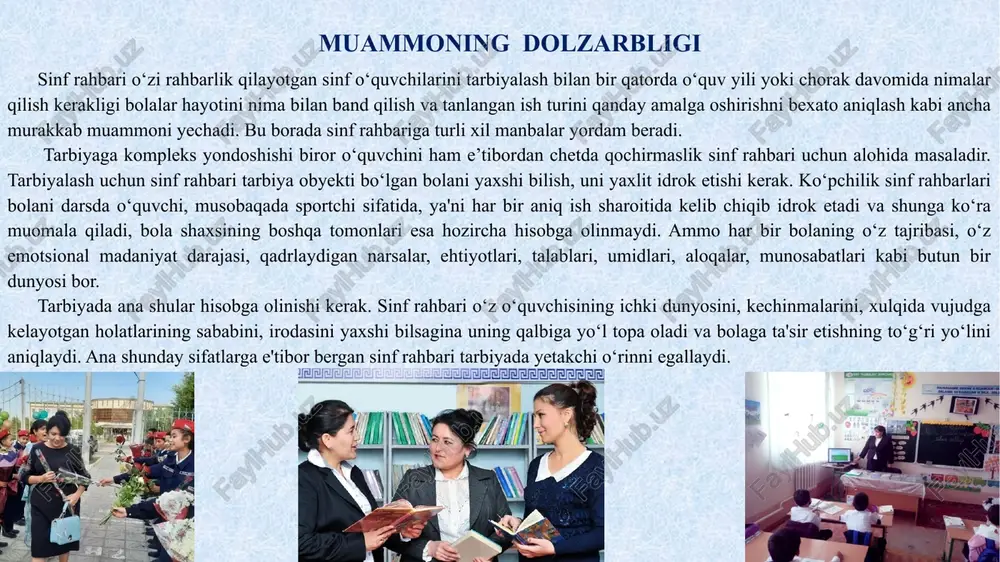 siyatlarini, qiziqishlarini va ehtiyojlarini inobatga olish guruh ishlari: o‘quvchilarni guruhlarga bo‘lib, ularning jamoaviy ishlash ko‘nikmalarini rivojlantirish o‘zaro ta’lim: o‘quvchilarga bir-birlaridan o‘rganish va bilim almashish imkoniyatini yaratish. ota-onalar bilan hamkorlik: o‘quvchilarning uyda ham ta’lim-tarbiya olishlarini ta’minlash uchun ota-onalar bilan muntazam aloqa o‘rnatish. ma’naviy-ma’rifiy tadbirlar: o‘quvchilarning ma’naviyatini oshirish maqsadida turli tadbirlar va loyihalar tashkil etish. rag‘batlantirish va jazo: o‘quvchilarning ijobiy xatti-harakatlarini rag‘batlantirish va salbiy xatti-harakatlarga nisbatan adolatli jazo choralari qo‘llash. psixologik yordam: o‘quvchilarning shaxsiy muammolari yoki o‘qishdagi qiyinchiliklari bilan shug‘ullanishda psixologik yordam ko‘rsatish maqsad maktabda sinf rahbarining samaradorligini oshirish maqsadini quyidagicha shakllantirish mumkin: - sinfda tarbiyaviy ishlarni tashkil etish va olib borish jarayonida sinf rahbarining faol ishtirokini ta’minlash. - sinf rahbari va o‘quvchilar, ularning ota-onalari va hamkasblari o‘rtasidagi aloqa va o‘zaro munosabatlarni yaxshilash. - tarbiyaviy ishlarni tashkil etish, o‘quvchilar va ularning ota-onalari bilan o‘zaro munosabatda bo‘lish, shuningdek, ijobiy sinf jamoasini shakllantirishdagi muammolarni samarali hal etish maqsadida sinf rahbarining kasbiy mahoratini rivojlantirish. - …