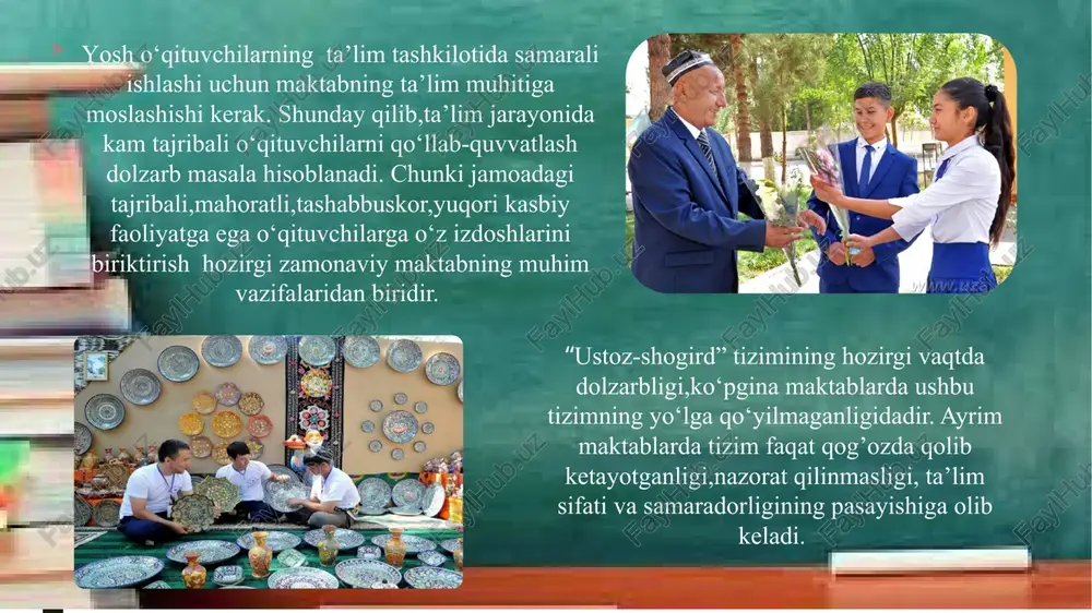 bo‘yicha hukumat qarorlari o‘zbekiston respublikasi prezidentining 2021-yil 25-yanvardagi pq-4963-sonli “xalq ta’limi sohasidagi ilmiy-tadqiqot faoliyatini qo‘llab quvvatlash hamda uzluksiz kasbiy rivojlantirish tizimini joriy qilish chora-tadbirlari to‘g‘risida” qaroriga asosan “ustoz-shogird” tizimi orqali ustuvor bo‘lgan fan sohalari (matematika, kimyo, biologiya, fizika, ona tili va adabiyot, xorijiy tillar, psixologiya, boshlang‘ich ta’lim) bo‘yicha xalq ta’limi tizimi xodimlari va oliy ta’lim muassasalari professor-o‘qituvchilari o‘rtasida o‘zaro hamkorlik aloqalarini kengaytirish chora-tadbirlari ishlab chiqilgan. muammo tadbiq etish bo‘yicha hukumat qarorlari maqsad “ustoz – shogird” tizimini tashkil etish va uni takomillashtirishda asosiy maqsad oliy o‘quv yurtini bitirib kelgan yoshlarga maktabda mazmunli bilim berishni tashkil etish, kasbiy mahoratga ega bo‘lish orqali ustozlar yo‘lidan borib, kelajakda o‘z sohasining bilimdoni, ma’naviy sog‘lom, ruhan pok, bo‘lishini ta’minlashdan iborat. bu jarayonni uzluksiz amalga oshirish uchunyaxlit holda shogirdni o‘z – o‘zini tarbiyalash orqali, ya’ni egallagan kasb – hunarini san’at darajasiga ko‘tarishi, milliy qadriyatlarimiz hamda an’analarimizga sodiq qolgan holda ustozlar o‘giti hamda ishini davom ettirishini taqoza etadi. …