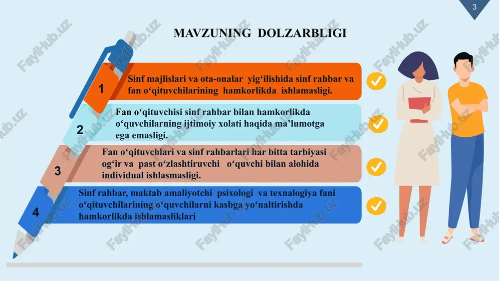 ilari o'quvchilarni qo'llab-quvvatlash uchun birgalikda ishlashlari mumkin. 6. o'quvchilarning o'rganishini kuzatish: sinf rahbarlari va fan o'qituvchilari o'quvchilarning o'rganishini kuzatish va ularning o'rganish jarayonini yaxshilash uchun birgalikda ishlashlari mumkin. ‹#› muammo yuzasidan xorijiy tajribalarning oʻrganilganligi finlandiya finlandiya maktablarida o‘qituvchilar o‘rtasida keng qamrovli hamkorlik va tajriba almashish madaniyati mavjud. bu madaniyat sinf rahbarlari va fan o‘qituvchilarini birgalikda ishlashga undaydi. ular muntazam ravishda yig‘ilishlar o‘tkazib, o‘quvchilarning rivojlanishini muhokama qilishadi va eng yaxshi usullarni baham ko‘rishadi. ‹#› qiyosiy tahlil t/r amaldagi holat (o‘zbekistonda) amaldagi holat (xorijda) taklif 1 sinf majlislari va ota-onalar yigʻilishida sinf rahbar va fan oʻqituvchilar homkorlikda ishlaydi. sinf rahbarlari va fan o‘qituvchilari muntazam ravishda yig‘ilishlar o‘tkazib, o‘quvchilarning o‘qish jarayonini baholash va yaxshilash uchun hamkorlik qiladi. sinf rahbarlari va fan o‘qituvchilari birgalikda turli sinf majlislari va oto onalar yigʻilishlarida noodatiy usullardan foydalanib tashkil etish kerak bu o‘quvchilarni turli fanlarga bo‘lgan qiziqishini oshiradi 2 fan oʻqituvchisi sinf rahbar bilan hamkorlikda oʻquvchilarning ijtimoiy xolati …