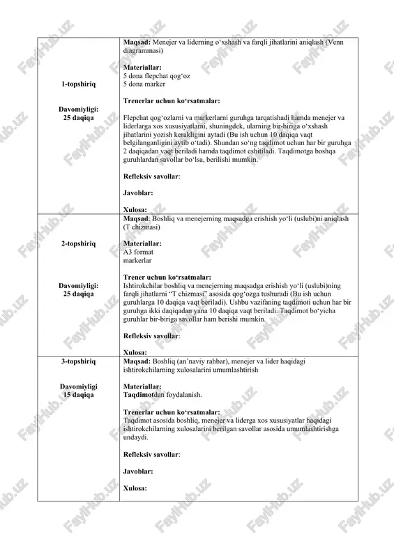 taqdimotdan foydalanish. trenerlar uchun ko‘rsatmalar: taqdimot asosida boshliq, menejer va liderga xos xususiyatlar haqidagi ishtirokchilarning xulosalarini berilgan savollar asosida umumlashtirishga undaydi. refleksiv savollar: javoblar: xulosa: yakuniy xulosa davomiyligi 6 daqiqa maqsad: barcha fikr-mulohazalarni umumlashtirish va ishtirokchilarning treningdan o‘rganganlarini aniqlashtirish. trener treningdagi barcha fikr-mulohazlarni umumlashtiradi va ishtirokchilarga “siz bugungi treningdan nimalarni o‘rgandingiz?”, “siz treningdan nimani kutgan edingiz va maqsadingizga erishdingizmi? “ kabi savollar orqali ishtirokchilarning fikrlarini o‘rganadi. shundan keyin trening yakunlanadi. image3.png image4.png image1.png image2.png