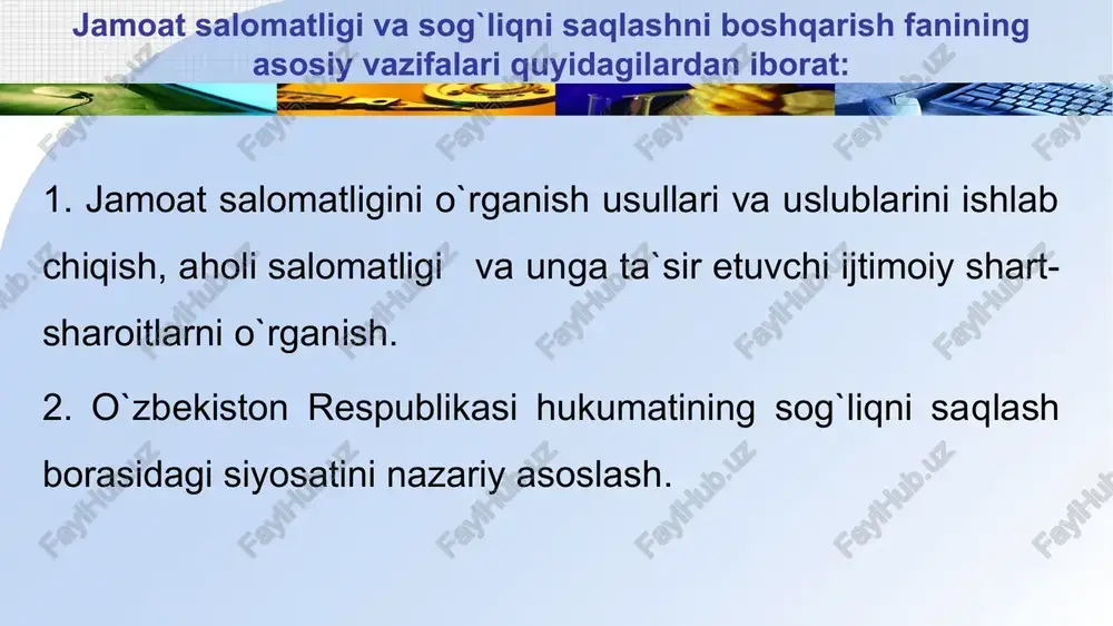 tkazish orqali olib boriladi. ushbu usul haqida keyingi boblarda alohida to`xtalib o`tiladi. ushbu usullar sog`liqni saqlashni rejalashtirish, moliyalashtirish, boshqarish, mehnatni ilmiy tashkil qilish, moddiy va texnik resurslardan maqsadli va oqilona foydalanish kabi sog`liqni saqlashning ayrim masalalarini o`rganish va ishlab chiqishda bevosita qo`llaniladi. demografik ma`lumotlar aholini tabiiy va mexanik harakati, soni va aholining tabiiy ko`payishi haqidagi fan bo`lib, ular sog`liqni saqlashni yaqin kelajakka (joriy rejalashtirish), hamda uzoq muddatga (5-10-15) yilga mo`ljallangan (perspektiv) rejalarini tuzishda qo`llaniladi. tadqiqotda ko`zda tutilgan maqsadga qarab, aholi salomatligini o`rganishda turli manbalardan foydalaniladi. tadqiqotlarda asosiy ma’lumot manbai bo`lib, davolash-profilaktika, sanitariya-epidemiologiya va boshqa muassasalarda ishlatiladigan davlat qayd hisobot hujjatlari hisoblanadi. mazkur ma’lumotlarni ishonchlilik darajasi yuqori, chunki ular barcha viloyatlar, tumanlar uchun yagona shaklda bo‘lgan davlat hujjatlari ma’lumotlariga asoslangan. tibbiyot - bu, aholi salomatligini saqlash, yaxshilash, umrini uzaytirish, kasalliklarni oldini olish, davolash maqsadida amalga oshirilayotgan ilmiy bilimlar va amaliy faoliyat majmuidir. tibbiyotning asosini ikki asosiy tushuncha tashkil etadi: “salomatlik” va …