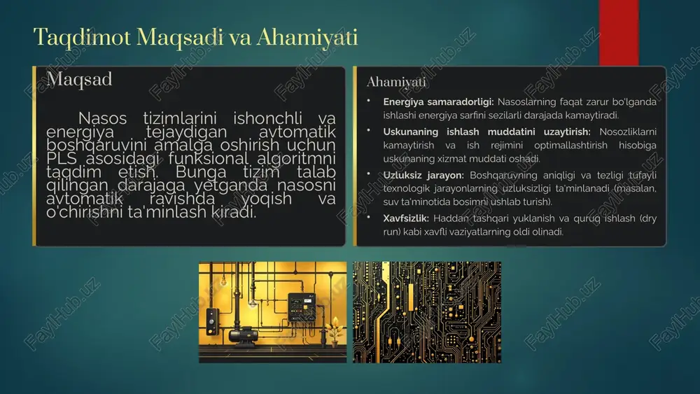 ga asoslangan oddiy, ammo samarali nasos boshqaruvi algoritmi keltirilgan. algoritm bosimning minimal (p_min) va maksimal (p_max) chegaralarini saqlashga asoslangan. p > p_max ? p p_max bo'lsa (ya'ni, bosim talab qilingan darajadan oshib ketgan bo'lsa), pls nasos motorini o'chirish uchun signal yuboradi. keçikish (delay) tizimning tez-tez yoqilish/o'chirilishini (chattering) oldini olish uchun, har bir tsikldan keyin qisqa vaqtli kechikish taymeri qo'llaniladi. 7 datchiklar va ularning roli tizimning aniqligi va ishonchliligi tanlangan datchiklarga bog'liq. eng muhim datchiklar: bosim datchigi (transmitter) tizimning yuragi. odatda, 4-20ma diapazonida analog signal chiqaradi. pls bu signalni bosim birliklariga (masalan, bar yoki kpa) aylantirishi kerak. vazifasi: tizim bosimini belgilangan diapazonda ushlab turish uchun kirish ma'lumotlarini ta'minlash. sath datchigi (low level switch) suv manbaida (quduq, suv havzasi) minimal sathni nazorat qiladi. bu oddiy diskret datchik bo'lishi yoki uzluksiz analog datchik bo'lishi mumkin. vazifasi: nasosni quruq ishlashdan (nasos bo'sh ishlaganda qizib ketishi va yonishi mumkin) himoya qilish. termik himoya (motor protection) …