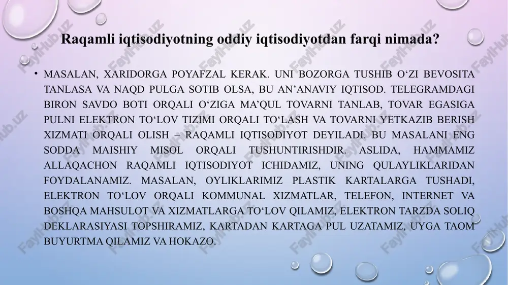 t taqsimoti ochiq bo‘ladi, ijtimoiy sohaga yo‘naltirilgan mablag‘lar o‘g‘irlanmaydi, maktablar, kasalxonalar, yo‘llarga ajratilgan pullar to‘liq yetib boradi va hokazo davlatning raqamli iqtisodiyotni rivojlantirish yo‘lini tanlaganligi axborot texnologiyalari sohasida va umuman, elektron hujjatlar aylanmasi sohasida yangi yo‘nalishlar ochib beradi. “raqamli texnologiyalar” tomon burilishga butun jahon internet tarmog‘i va sifatli aloqaning rivojlanishi sababchi bo‘ldi ta’kidlash joizki, bugungi kunda foydalanuvchilar oziq-ovqat mahsulotlariga buyurtma berish uchun telegram botlaridan faol foydalanmoqdalar. shuningdek, turli internet do‘konlar, elektron to‘lov tizimlari ham faol rivojlanib bormoqda. demak, fuqarolarimiz elektron bitimlarni amalga oshirishga ishonyaptilar. faqat hozirgi kungacha foydalanuvchilar katta xarajatlar talab qilmaydigan kichik bitimlarni amalga oshirmoqdalar, o‘rtacha xarid hajmini oshirishga esa unchalik tayyor emaslar. endigi masala o‘rtacha va yirik iqtisodiy bitimlar va moliyaviy operasiyalarni raqamli texnologiyalar orqali amalga oshirishni rivojlantirishdan iborat. shuningdek... raqamli iqtisodiyotning o‘z valyutasi (kriptovalyuta, bitkoin), pul saqlaydigan karmoni (blokcheyn), hisoblash usullari (mayning) kabi terminlari mavjud. ular haqida yanada batafsil ma’lumot olish tavsiya qilinadi. o‘zbekistonda raqamli iqtisodiyot qay …