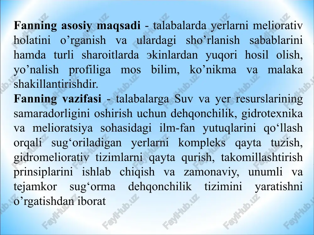 birlamchi vazifalar quyidagilardan iboratdir: sug’orishda tejamkor texnologiya va texnika yaratish va unga o'tish: yuqori unumdorli sug’orish tizimlarini qo'llash; tejamkor va unumdor agrotexnikani joriy etish; yerdan foydalanish darajasini oshirish; yer va ekinlar xosildorligini ko'paytirish; yer va suvdan foydalanishni tartibga solish va uning tizimini qayta ko'rib chiqish; tabiatni muhofaza qilish tadbirlarining samaradorligini ta'minlash va boshqalar. suv va yer resurslarining samaradorligini oshirish uchun dehqonchilik, gidrotexnika va melioratsiya sohasidagi ilm-fan yutuqlarini qullash orqali sug’oriladigan yerlarni kompleks qayta tuzish, gidromeliorativ tizimlarni qayta qurish, takomillashtirish printsiplarini ishlab chiqish va zamonaviy, unumli va tejamkor sug’orma dehqonchilik tizimini yaratish zarur o’zbekiston respublikasi xududiy bo’linishi keyingi yillarda respublikada yuzaga kelgan suv tankisligini e'tiborga olganda suvdan sug’orishda tejab foydalanish xozirgi kundagi dolzarb muammolardan xisoblanadi. shuning uchun sug’orishda tejamkor sug’orish usullarini, texnika va texnologiyalarini qo'llash yaxshi samara beradi. inson hayoti ma'lum bir muhitga moslashganidan so'ng, tabiat in'omlaridan foydali jihatlarini o'ziga olishga va undan foydalanishga harakat qilgan. dastavval u yerni yumshatish, o'g’itlash …
