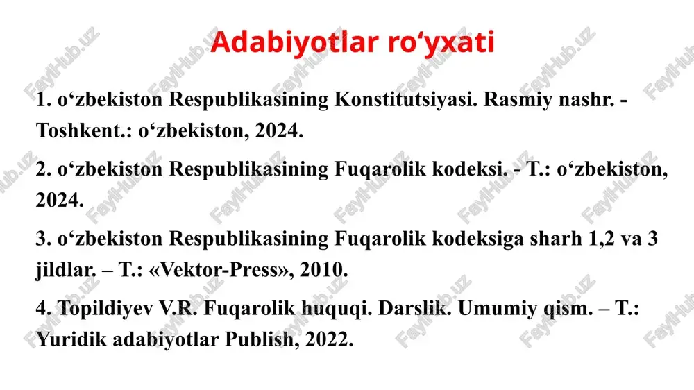 ublikasi oliy majlisi tomonidan qabul qilingan va har ikkala qismi ham 1997-yil 1-martdan boshlab amalga kiritilgan. fk 6 bo‘lim, 71 bob, 1199 moddadan iborat. fuqarolik huquqiy munosabatlar quyidagi munosabatlarni tartibga soladi: fuqarolik muomalasi ishtirokchilari (fuqarolar, yuridik shaxslar, davlat) huquqiy holatining vujudga kelish asoslari hamda ularni amalga oshirish bilan bog‘liq munosabatlar. fuqaroning huquq va muomala layoqati mazmuni, yuridik shaxslarni tashkil etish va boshqarish tartibi, davlatning fuqarolik huquqiy munosabatda ishtirok etishining o‘ziga xos xususiyatlari; fuqarolik huquqiy munosabatlar quyidagi munosabatlarni tartibga soladi: mulk huquqi va boshqa ashyoviy huquqlarning vujudga kelish asoslari hamda ularni amalga oshirish bilan bog‘liq munosabatlar; intellektual faoliyat natijalariga bo‘lgan huquqlar, ularni amalga oshirish bilan bog‘liq munosabatlar; fuqarolik huquqiy munosabatlar quyidagi munosabatlarni tartibga soladi: shartnoma majburiyatlari bilan bog‘liq munosabatlar; boshqa majburiyatlar bilan bog‘liq munosabatlar; boshqa mulkiy hamda shaxsiy nomulkiy munosabatlar. fuqarolik huquqi normalari bilan tartibga solinadigan munosabatlar o‘zining mohiyati va tabiati bilan boshqa huquq sohalari normalari bilan tartibga solinadigan munosabatlardan farq …