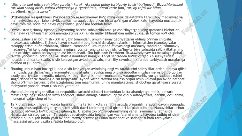 a zamonaviy talablarga javob berishi, ta’lim tizimining sifat jihatidan takomillashuvi uchun unga, avvalo, ilm-fan yangiliklari, innovatsiyalarni jo etish lozim. oliy o‘quv yurtlari bakalavriat bosqichida ta’lim olayotgan talabalar uchun havola etilayotgan mazkur darslik yuqorida qayd etilgan fikr-mulohazalarni o‘zida jam etgan. darslikni tayyorlash jarayonida qator materiallar, xususan, tarixiy adabiyotlar va arxiv hujjatlari, mustaqillik davriga oid amalga oshirilgan tadqiqot natijalari: dissertatsiyalar, monografiyalar, risolalar, darsliklar, o‘quv qo‘llanmalari, hujjat va materiallardan keng foydalanilgan. 2020-2021 o‘quv yilidan boshlab respublika oliy o‘quv yurtlarining barcha ta’lim yo‘nalishlarida “o‘zbekistonning eng yangi tarixi” fani asosiy fanlardan biri sifatida o‘quv rejaga kiritildi. shu munosabat bilan bu fanni o‘qitish yuzasidan o‘quv dasturlari ishlab chiqilib, yangi avlod o‘quv adabiyotlari nashr etila boshladi. ushbu darslikda “o‘zbekistonning eng yangi tarixi” o‘quv fanining predmeti, maqsad va vazifalari, mustaqillikka erishish arafasida o‘zbekistondagi ijtimoiy-siyosiy jarayonlar, mustaqil o‘zbekiston respublikasining tashkil topishi va uning tarixiy ahamiyati, o‘zbekistonning o‘ziga xos istiqlol va taraqqiyot yo‘li, respublikada demokratik, fuqarolik jamiyati asoslarining shakllanishi, amalga …