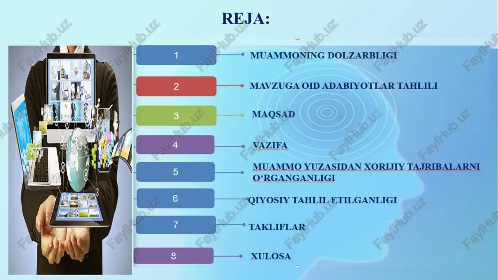m maktablariga o‘quvchilarni onlayn qabul qilish tizimi axborot tizimlari axborot tizimlari, interaktiv xizmatlardan foydalanishda identifikatsiya vositalari 5.muammo yuzasidan xorijiy tajribalarning o‘rganilganligi; turkiya davlati -direktorning o‘quv ishlari bo‘yicha o‘rinbosari oliy kasbiy ma’lumotga va o‘qituvchilik yoki rahbarlik lavozimlarida kamida ikki yillik ish stajiga ega bo‘lishi kerak. -shu nuqtai nazardan, boshlang'ich matematika o'qitish kafedrasi va geografiya o'qitish kafedrasi kabi universitet bo'limlari tugatilishi kerak. - xalq taʼlimi vazirligiga qarashli taʼlim muassasalariga rahbarlarni tanlash va tayinlash toʻgʻrisidagi nizomga koʻra, umumiy va maxsus shartlar mavjud. shuningdek, ta'lim boshqaruvi sertifikatiga ega bo'lishi kerak. ma’muriyatda ekan, ayniqsa, o‘qituvchilarni yaxshi boshqara olishi kerak. bu o'quvchilarga, ota-onalarga, o'qituvchilarga va rahbariyatga ishonch bag'ishlashi kerak. -kuchli qaror qabul qilish qobiliyatiga ega bo'lishi kerak. -o’quvchilarning bilim darajasini monitoring qilib boradi. rossiya davlati direktorning o‘quv ishlari bo‘yicha o‘rinbosari oliy kasbiy ma’lumotga va o‘qituvchilik yoki rahbarlik lavozimlarida kamida uch yillik ish stajiga ega bo‘lishi kerak. -har bir o‘quv yili va har bir o‘quv choragi uchun …