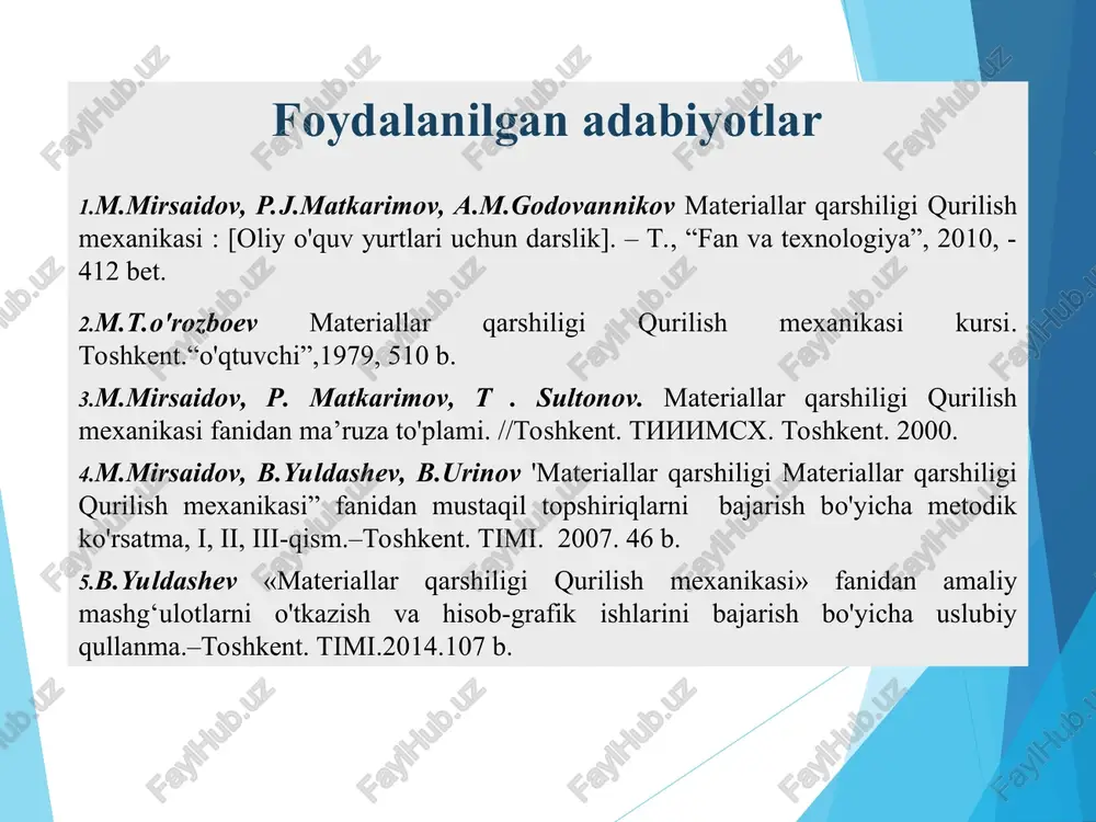 ss sistemasidan prinsipial farqi shundaki, si sistemasida massa birligi asosiy o‘lchov birlik bo‘lib, kuch birligi undan kelib chiqadigan birlik hisoblanadi. mkgss sistemasida esa buning aksidir. materiallar qarshiligida ishlatiladigan si sistemasining asosiy birliklari quyidagilardan iborat: uzunlik – metr (m) da, massa – kilogram (kg) da, vaqt – sekund (sek) da, yassi burchak – radian (rad) da o‘lchanadi. bu sistemada qo‘shimcha birliklar esa quyidagi o‘lchov birliklarda o‘lchanadi: yuza (f) – metr kvadrat (m2 ) da hajm (v) – metr kub (m2 ) da zichlik (ρ) – kilogram bo‘lingan metr kub (kg/m2 ) da tekis shaklning statik momentlari (s) va qarshilik momentlari (w) – metr kub (m3 ) da tekis shaklning inersiya momentlari (i) – metr to‘rtinchi daraja (m4 ) da tezlik (v) – metr bo‘lingan sekund (m/sek) da tezlanish (w) – metr bo‘lingan sekund kvadrat (m/sek2 ) da burchak tezligi ( ω ) – radian bo‘lingan sekund (rad/sek) da burchak tezlanishi (w) …