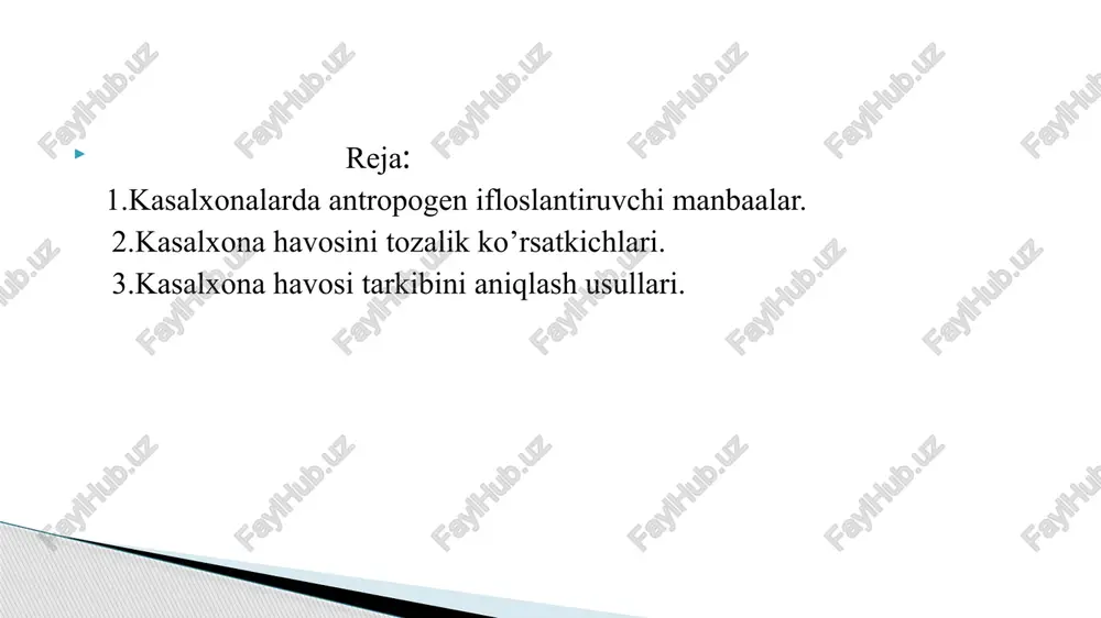 di. shpritsni 10-15 marta kuchli chayqatiladi, chunki shpritsga olingan ishqoriy eritma havo tarkibidagi co2 o‘ziga yutib olishi kerak. agar shpritsdagi eritma rangsizlanmasa, shpritsdagi havoni asta chiqarib, o‘rniga yangi havo namunasi olinadi va yana chayqatiladi, shu tariqa shpritsdagi eritma to‘liq rangsizlanib ketguncha davom ettirilaveradi. shpritsga olingan havo namunalarining soni sanab borilishi shart (a). huddi shunday tajribani tashqaridagi toza atmosfera havosi bilan ham bajariladi, u yerda olingan havo namu nasining soni (b) bilan ifodalanadi. ifloslanish — tabiiy muhitga salbiy oʻzgarishlarni keltirib chiqaradigan ifloslantiruvchi moddalarning kiritilishidir ifloslanish har qanday modda (qattiq, suyuq yoki gaz) yoki energiya (radioaktivlik, issiqlik, tovush yoki yorugʻlik kabi) shaklida boʻlishi mumkin. atrof-muhitning ifloslanishiga tabiiy hodisalar sabab boʻlishi mumkin boʻlsa-da, ifloslanish soʻzi odatda ifloslantiruvchi moddalarning antropogen manbaga ega ekanligini anglatadi. inson faoliyati bilan bog‘liq ifloslanishlar antropogen ifloslanish, deb ataladi kimyoviy moddalar kimyoviy moddalar palatalar havosida antropogen kelib chiqishiga ega bo’lgan turli mahsulotlar ko’rinishida bo’ladi: (ammiak, vodorod-sulfit, merkaptanlar, indol va b.), …