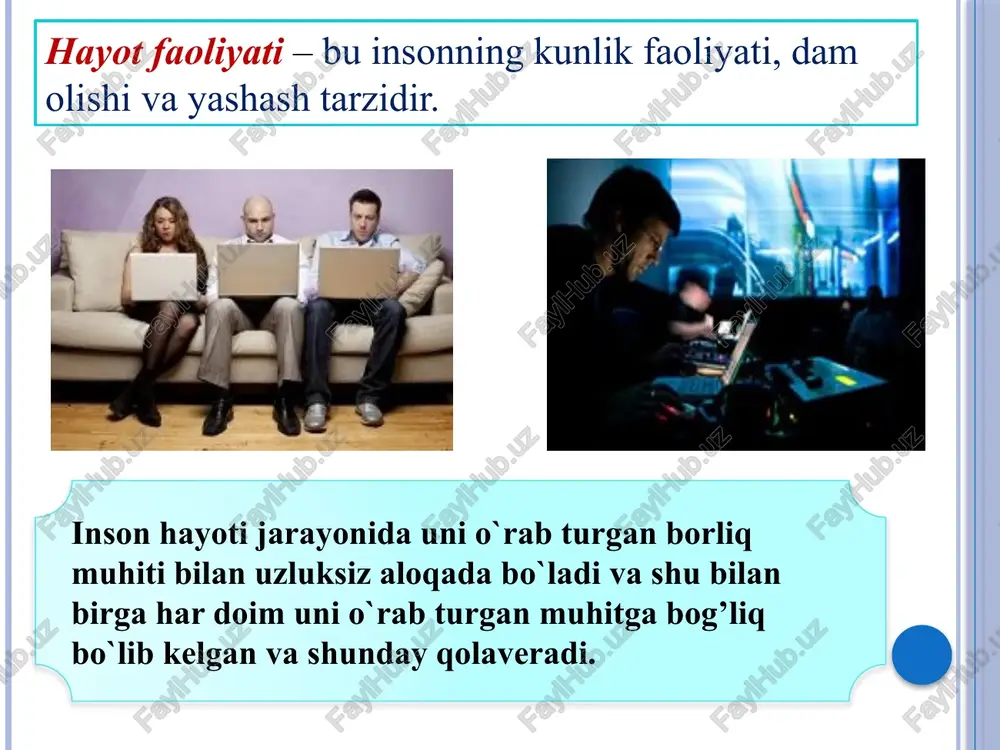ar o‘limiga, aholi punktlarini, ba’zi sanoat va qishloq xo‘jaligi ob’ektlarini suv bosishiga, infratuzilmalar va transport kommunikatsiyalari, ishlab chiqarish va odamlar hayot faoliyati buzilishiga olib kelgan va shoshilinch ko‘chirish tadbirlari o‘tkazilishini talab qiladigan suv toshqinlari, suv to‘planishi va sellar; suv toshqini - qor erishi, jala (kuchli yomg‘ir), suvning shamol yordamida haydab kelinishi, muz bo‘laklarining tiqilishi va boshqa holatlarda daryo, ko‘l yoki dengiz suvlari sathining keskin ko‘tarilishi oqibatida quruqlikning anchagina qismini suv ostida qolishi. xavflar taksonomiyasi- bu murakkab hodisalarni, tushunchalarni, kishi faoliyatiga qaratilgan narsalarni tasniflash va tizimlash to‘g‘risidagi fandir. u faoliyat xavfsizligi borasida bilimlarni uyushtirishda, xavflarning tartibini yanada chuqurroq o‘rganishda katta ahamiyatga ega. taksonomiya yangi fan bo‘lib, hali to‘la ishlab chiqilmagan. xavflar ro’yxati bu aniq bir tartiblar bo‘yicha qo‘yilgan nomlar, atamalardir (o‘zgaruvchan harorat, havo harakatining tezligi, havo bosimi, yorug‘lik, havoni ionlash, portlash, gerbitsid, shovqin, tebranish, yong‘in, zaharli moddalar, lazer nuri, elektr yoyi va boshqalar). har bir tekshiriladigan ob’ektda o‘tkaziladigan aniq tekshirishlar uchun …
