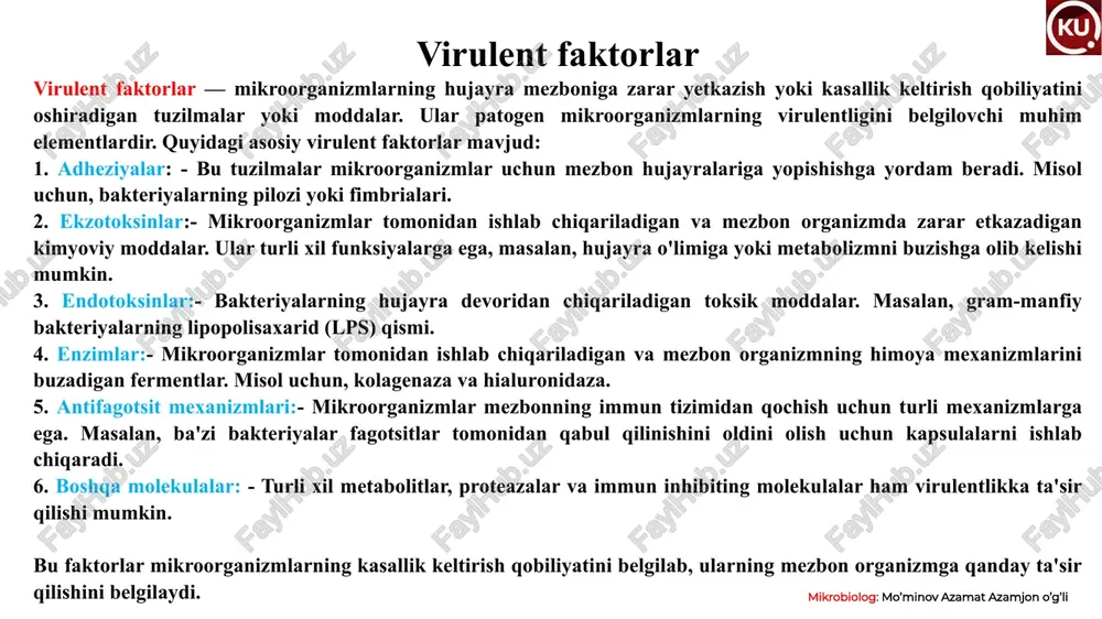 qali energiya oladi. - turlari: - obligat anaeroblar: kislorod mavjud bo'lganda o'lishi mumkin. masalan, *clostridium botulinum*. - fakultativ anaeroblar: kislorod bo'lganida aerobik metabolizm, bo'lmaganida esa anaerobik metabolizmni amalga oshiradi. masalan, *escherichia coli*. - xususiyatlari: - odatda, kislorodsiz muhitda rivojlanadi. - ko'pincha organik moddalar bilan oziqlanadi. mikrobiolog: mo’minov azamat azamjon o’g’li 3. intratsellyular bakteriyalar - ta'rif: ushbu bakteriyalar mezbon hujayralari ichida yashaydi va ularning hujayralari tomonidan himoyalangan bo'ladi. ular mezbon hujayralarida ko'payishi uchun kirish mexanizmlariga ega. - misollar: *chlamydia trachomatis*, *rickettsia spp.*, *mycobacterium leprae*. - xususiyatlari: - mezbon hujayralarida yashab, ular bilan o'zaro ta'sir qiladi. - ularning ko'plari mezbonning immun tizimidan qochish uchun mexanizmlarga ega. bu bakteriyalarning har biri o'ziga xos yashash sharoitlari va metabolik jarayonlarga ega bo'lib, turli xil kasalliklarni keltirib chiqarishi mumkin. mikrobiolog: mo’minov azamat azamjon o’g’li bakteriyalar genetikasi bakteriyalar genetikasi mikroorganizmlarning genetik materialini, uning tuzilishini, funktsiyalarini va irsiyatini o'rganadi. bakteriyalarning genetikasi bir qator asosiy tamoyillar va jarayonlardan iborat: …