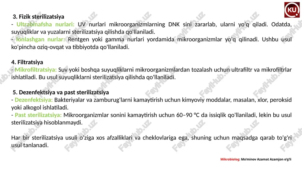 unish. 3. prinsiplarni amaliyotda qo'llash: asbobni sinovdan o'tkazish va amaliy ishlashda qanday natijalar berishini ko'rish. 4. xatolarni tahlil qilish: ishlatish jarayonida yuzaga keladigan xatolarni tahlil qilish va ularni bartaraf etish usullarini o'rganish. bu jarayonlar asboblarni samarali va xavfsiz ishlatishga yordam beradi. har bir asbobning o'ziga xos ishlash prinsiplari va qoidalari bo'lishi mumkin, shuning uchun aniq asbob uchun maxsus ma'lumotlarni o'rganish muhimdir. mikrobiolog: mo’minov azamat azamjon o’g’li aseptika va antiseptika aseptika va antiseptika — mikroorganizmlarni yo'q qilish yoki ularning ko'payishini to'xtatish uchun qo'llaniladigan usullar va prinsiplar bo'lib, tibbiyotda va boshqa sohalarda sanitariya holatini ta'minlashda muhim ahamiyatga ega. aseptika - ta'rif: aseptika, mikroorganizmlarning muayyan muhitda yoki jarayonda mavjud bo'lishini oldini olishga qaratilgan usullar majmuasidir. bunga steril muhit yaratish va infektsiya xavfini kamaytirish kiradi. - asosiy printsiplar: - sterilizatsiya: asboblar, materiallar va muhitni steril holatga keltirish. - himoya: muntazam ravishda qo'l va asboblarni tozalash, shuningdek, shaxsiy gigiena qoidalariga amal qilish. - kirishni oldini …