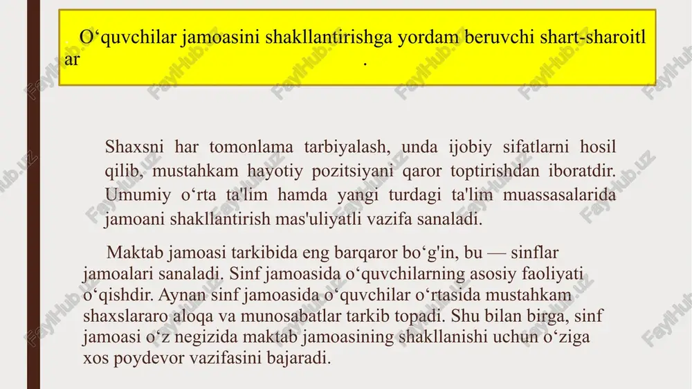 sh orqali, bu ishga unijalbetadilar. jamoa hayotini tashkil qilish usuli murakkablashib boradi, ya'ni jamoa o‘zini o‘zi boshqarishga o‘tadi. . tarbiyalanuvchilar amaliy faoliyatning doimiy ravishda murakkablashib borishi — mazkur davrning muhim xususiyati sanaladi. ikkinchi bosqichda jamoaning muhim ishlarining o‘qiivcbilar tomonidan mustaqil rejalashtirilishi, tadbirlarni o‘tkazishga tayyorgarlik, uni o‘tkazish hamda faoliyat natijalarini muhokama qilish jamoa faoliyatining ijodiy xususiyatini ko‘rsatuvchi omillar sanaladi. . jamoaning ijobiy rivojlanishi uning a'zolarida faoliyat motivlari (rag'batlari)ning paydo bo‘lishi. ijodiy hamkorlik va o‘zaro yordam munosabatlarining tez sur'atlar bilan rivojlanishiga olib kcladi. . jamoada mustaqil faoliyatning yuzaga kelishida jamoa faollarining roli beqiyosdir. ammo jamoa faolining jamoa a'zolari o‘rtasida hurmat qozona olishi, namuna bo‘lishi, o‘z burchini aniq.va puxta bajarishi hamda o‘z mavqelarini suiiste'mol qilmasliklari juda muhimdir. bu o‘rinda a.s. makarenko jamoa faolligi nisbatan «jamoa vijdoni», deya bergan ta'rifini eslab o‘tish joizdir. jamoa faoli birmuncha imtiyozlar (huquqlar)ga ega bo‘lsa-da, ayni paytda uning o‘ziga ham oshirilgan talablarning qo‘yilishi maqsadga muvofiqdir. jamoa rivojlanishning bu bosqichida …