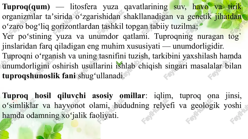 an yaxshi so‘rilishiga yordam beradi.zamburug‘lar tuproq tuzilishini yaxshilaydi va chirindi miqdorini oshiradi. 3. hayvonlarning tuproq hosil bo‘lishiga ta’sir. hayvonlar, ayniqsa yer ostida yashovchi organizmlar, tuproq hosil bo‘lish jarayonida muhim rol o‘ynaydi. ularning faoliyati tuproq tuzilishini yaxshilaydi va unumdorligini oshiradi. 3.1. yer chuvalchanglari va ularning ahamiyati yer chuvalchanglari tuproqni qazib, uni yumshatadi va havo o‘tkazuvchanligini oshiradi.ular organik moddalarni tuproqning quyi qatlamlariga olib boradi va tuproq unumdorligini oshirishga yordam beradi.tuproqdan o‘tgan ozuqa moddalarini qayta ishlash orqali yer chuvalchanglari o‘simliklar uchun qulay muhit yaratadi. 3.2. tuproq qazuvchi hayvonlarning roli chumolilar, termitlar, kalamushlar va kemiruvchilar tuproqni qazib, aralashtiradi va kislorodning pastki qatlamlarga kirishini ta’minlaydi.ba’zi hayvonlar o‘z teshiklariga o‘simlik qoldiqlarini olib boradi, bu esa organik moddalar miqdorini oshiradi.hayvonlar tuproqni qazish orqali suv o‘tkazuvchanligini oshiradi, bu esa o‘simliklar uchun qulay sharoit yaratadi. 4. inson faoliyatining ta’sir. inson faoliyati ham tuproq hosil bo‘lishi va uning unumdorligiga katta ta’sir ko‘rsatadi. bu ta’sir ijobiy yoki salbiy bo‘lishi mumkin. 4.1. …