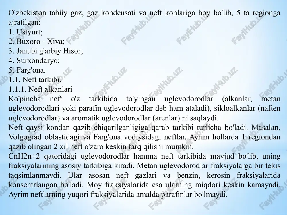 nikidan past bo'ladi. c5-c10 uglevodorodlarning izomerlari soni quyidagicha. 2-jadval c5-c10 uglevodorodlar izomerlarining soni neft fraksiyalarida alkanlar miqdori turlicha bo'lib, dunyo neftlari bo'yicha o'rtacha ko'rsatkichi quyidagicha: 3-jadval ayrim neft fraksiyalarida alkanlar miqdori (% mass.) parafin uglevodorodlarning neftdagi miqdori turlicha bo'ladi, rangsiz fraksiyalarda ularning miqdori 10-70 % bo'lishi mumkin. metan uglevodorodlari kimyoviy nuqtai nazardan nisbatan yuqori mustahkamlikka egadir (oddiy haroratda ko'pchilik kuchli ta'sir qiluvchi reagentlar ta'siri uchun). ular oksidlanmaydilar, sulfat va nitrat kislota bilan reaksiyalarga kirishmaydilar. ularning xlor va boshqa galogenlar bilan reaksiyaga kirishish qobiliyatlari ma'lum. maxsus sharoitlarda (400°c, ko'p miqdorda metan) metandan metilxlorid, metilenxlorid, xloroform va to'rt xlor uglerodlar hosil bo'ladi. yuqori harorat hamda maxsus katalizatorlar ishtirokida parafin uglevodorodlar konovalov reaksiyasiga (nitrolash reaksiyasi), to'yinmagan uglevodorodlar bilan alkillash reaksiyalariga, oksidlash reaksiyalariga kirishishi mumkin. hamma ushbu reaksiyalar sanoat ahamiyatiga ega. yuqori haroratlarda alkanlar termik parchalanadi. qattiq parafin uglevodorodlar c16 va undan yuqori parafin uglevodorodlar normal sharoitda qattiq holatda bo'ladi. geksadekan (c16h34) 18,1°c da …