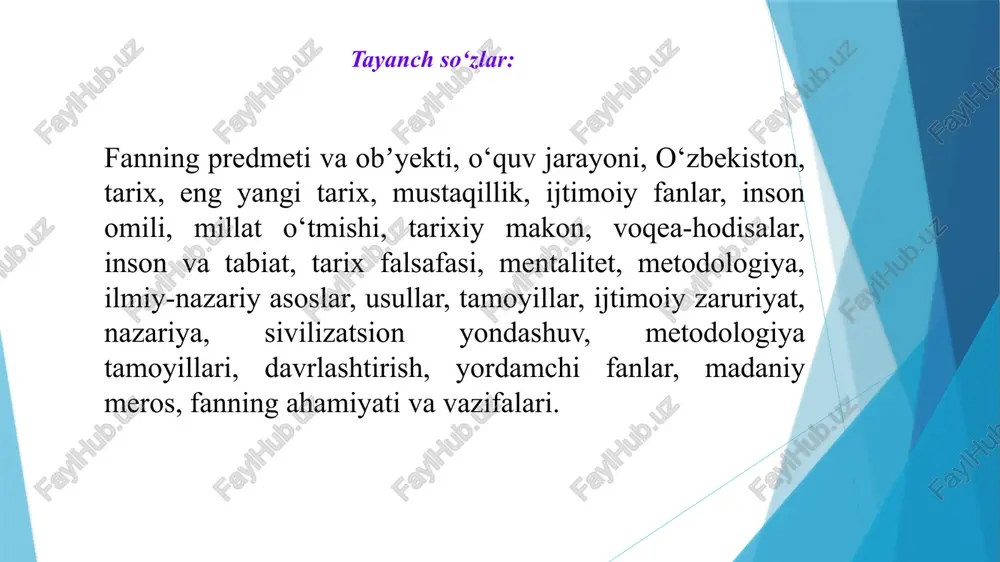 , insonparvarlik g‘oyalarini yanada mustahkamlash bugungi davrning muhim talabi bo‘lib hisoblanadi. aynan shuning uchun ham oliy taʼlim tizimida “o‘zbekistonning eng yangi tarixi” fanini har tomonlama chuqur o‘qitish maqsadida yangi avlod o‘quv dasturlari, o‘quv qo‘llanmalar va darsliklar yaratilib, bu boradagi ilmiy tadqiqotlar natijalari o‘quv jarayoniga joriy etilmoqda. 1991 yildan o‘zbekiston tarixida boshlangan yangi mustaqillik davrini o‘rganish, shu davrda ro‘y bergan ijtimoiy-siyosiy jarayonlar, iqtisodiy hayot, madaniy-maʼrifiy yangilanishlar masalasini o‘rganish – o‘sib kelayotgan avlod, yuksak maʼnaviyatli shaxsni tarbiyalashda, shubhasiz, katta ahamiyat kasb etadi. o‘zbekistonning eng yangi tarixi fani boshqa ijtimoiy va tabiat fanlaridan farqli o‘laroq mustaqil fan hisoblanadi. shuningdek, u barcha fanlar orasida alohida o‘z o‘rni va mavqeyiga ega. u barcha fanlar tarixini ham o‘z ichiga olgan holda ularning rivojiga katta taʼsir etadi. bu uning o‘rganish predmeti va obʼyekti hamda vazifasida to‘la namoyon bo‘lmog‘i kerak. tarixiy voqea va hodisalar qatʼiy aniqlikda, davriy ketma-ketlik – xronologik asosda o‘rganiladi. o‘zbekistonning eng yangi tarixi fani mamlakatimiz …