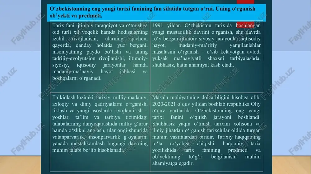 yin esa madaniyat asta-sekin inqirozga yuz o’giradi. nemis faylasufi sivilizatsiya deganda texnik- mexanik jarayonlar majmuini nazarda tutgan. shveytsariyalik tarixchi j.starobinskiyning fikricha, sivilizatsiya tushunchasini ilk bor fransuz iqtisodchisi viktor riketi mirabo (1715-1789-yy) o’zining “qonunlar do’sti” asarida qo’llagan. 1767yilda u shotlandiyalik ma’rifatparvar adam fergyusson (1723-1816) asarida paydo bo’ldi. o’shanda ushbu atama madaniy taraqqiyotning umumiy darajasini anglatgan. sivilizatsiya ma’rifatsiz xalqlarga, qorong’u feodalizm davri va o’rta asrlarga qarama-qarshi qo’yilgan. a.fergyusson ibtidoiy jamiyat tarixini davrlashtirish mezoni sifatida “madaniyatning o’zlashtirish darajasini” ilgari surdi: yovvoyilik, varvarlik, sivilizatsiya. keyinchalik shved olimi s.nilson bu davrlashtirishni bir oz to’g’irladi va to’ldirdi: yovvoyilik, nomadizm (yunon. nomados – ko’chib yuruvchi, ko’chmanchilik), dehqonchilik va sivilizatsiya. jambattista viko 1. ibtidoiy varvarlik (“xudolar asri”) 2. feodalizm (“qahramonlar asri”) 3. demokratik respublika yoki konstitutsiyaviy monarxiya (“sivilizatsiya asri”) shpengler hind sharq yunon-rim bobil misr xitoy g’arbiy yevropa mayya o'zbekistonning eng yangi tarixini davrlashtirish o'zbekiston tarixini davrlashtirishning bir necha usullari mavjud. arxeologik davrlashtirish, tarixiy davrlashtirish, asosiy ishlab chiqaruvchi …