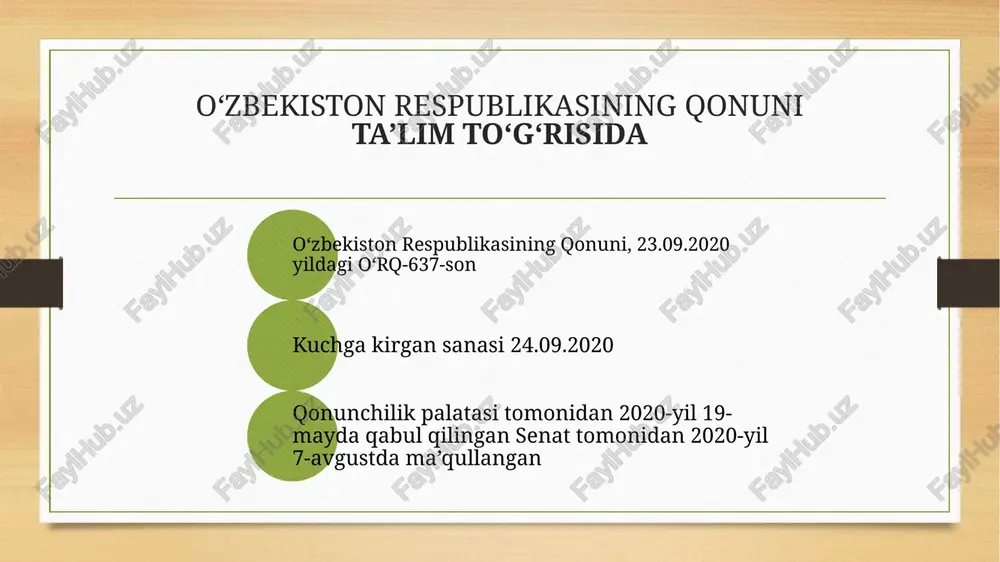 ularda mustaqil fikrlash va tahlil qilish qobiliyatini rivojlantiradi. tayanch o‘rta ta’lim doirasida (vii sinfdan so‘ng) ta’lim oluvchilarda kasblar bo‘yicha birlamchi bilim va ko‘nikmalarni shakllantirish uchun ularni professional tashxislash va kasb-hunarga yo‘naltirish bo‘yicha choralar amalga oshiriladi. . o‘rta ta’lim o‘quv dasturiga muvofiq ta’lim oluvchilar tomonidan zarur bilim, malaka va ko‘nikmalar o‘zlashtirilishini, shuningdek ta’limning keyingi turi tanlanishini hamda yuqori malaka talab qilinmaydigan kasblar egallanishini ta’minlaydi. professional tashxislash va kasb-hunarga yo‘naltirish, shuningdek ta’lim oluvchilarni yuqori malaka talab qilinmaydigan kasblarga tayyorlash tartibi qonun hujjatlarida belgilanadi. umumiy o‘rta ta’lim umumiy o‘rta ta’lim tashkilotlarida uzluksiz tarzda, majburiy bo‘lgan o‘n bir yil davomida amalga oshiriladi. o‘rta maxsus ta’lim akademik litseylarda to‘qqiz yillik tayanch o‘rta ta’lim asosida ikki yil mobaynida amalga oshiriladi va ta’lim oluvchilarning intellektual qobiliyatlarining jadal rivojlanishini, shuningdek chuqur, tabaqalashtirilgan, kasb-xunarga va shaxsga yo‘naltirilgan ta’lim olishini ta’minlaydi. nodavlat ta’lim tashkilotlarida umumiy o‘rta va o‘rta maxsus ta’lim to‘lov-shartnoma asosida amalga oshirilishi mumkin. iqtidorli va iste’dodli bolalarning qobiliyatini …