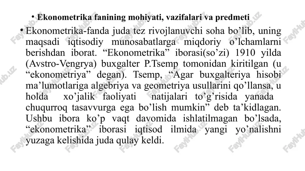 i mehnat unumdorligiga, daromadlarni ayrim oziq-ovqat mahsulotlarini iste’moliga ta’siri va h.k.). ekonometrik - iqtisodiy o’zgaruvchilar orasidagi bog’lanishlarni sifat jihatdan tahlil qilish, ya’ni bog’langan ( j y ) va bog’liq bo’lmagan ( k x ) o’zgaruvchilarni ajratish; - ma’lumotlarni tanlash; - j y va k x o’zgaruvchilar orasidagi bog’lanish shaklini aniqlash; - model parametrlarini aniqlash; - sohta o’zgaruvchilarni kiritish; - avtokorrelyatsiyani aniqlash; - trendlarni, davriy va tasodifiy komponentalarni aniqlash; - bog’lanish shaklini aniqlash va birpaytli tenglamalar tizimini tuzish; - identifikatsiya shartlarini tekshirish; - birpaytli tenglamalar tizimining parametrlarini baholash; - davriy qatorlar tizimi asosida modellashtirish: statsionarlik va kointegratsiya muammolari; - integratsiya muammolari va parametrlarni baholash.tadqiqotlar quyidagi masalalarni o’z ichiga oladi: ekonometrik model o’zaro bog’langan o’zgaruvchilarning nazariy jihatlari va ular orasidagi bog’lanish xususiyatlariga asoslanadi. shuning uchun ekonometrik tadqiqotlar bosqichlariga quyidagilarni kiritish mumkin. muammoning qo’yilishi; ma’lumotlar yig’ish, ularni sifatini tahlil qilish; model xususiyatini aniqlash; parametrlarni baholash; yechimlarni tushinish, muhokama qilish va amalga joriy etish. …