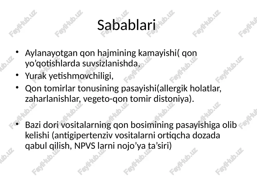 tuvor yo’nalishlari: nafas o’tkazuvchanligini tiklash, adekvat oksigenatsiya (100% yuqori oqimli kislorod) va ventilyatsiya (ambu qopchasi/ traxea intubatsiya yordamida) monitoring talab qilinadi: ekg, pulsoksimetriya, noinvaziv aqb. qon aylanishini yaxshilash volemik yo’l bilan va kerak bo’lganda vazopressor;ar, inotrop dorilar yordamida amalga oshiriladi. boshlang’ich bolyus 20.0ml/kg fiz rastvor yoki ringer tomir ichiga tomchilab dofamin yoki dobutamin 5-20mkg/kg/min, yoki noradrenalin 0.05mkg/kg/min anafilaktik shok va unda yordam ko’rsatish anafilaktik shock- anafilaksiya - to'satdan boshlangan umumiy immunologik holat bo'lib, u begona moddalar ta'siridan keyin rivojlanadi. mexanizm: • immunoglobulin e (ige) vositachiligida bemor ilgari ta'sir qilgan begona oqsilga (cho'chqalar, oziq-ovqatlar, streptokinaza) yoki oqsil-gapten konyugatiga (antibiotik) reaktsiyasini boshlashidir • komplement vositasida bo’lishi mumkin (inson oqsillari, masalan, g-globulin, qon mahsulotlari). • noma’lum sababga ko’ra bo'lishi mumkin. (aspirin, "idiopatik"). mexanizmdan qat'i nazar, mast hujayralari va bazofillar mediatorlarni (masalan, gistamin, prostaglandinlar, tromboksanlar, trombotsitlarni faollashtiruvchi omillar, leykotrienlar) chiqaradi va klinik belgilarni keltirib chiqaradi keltirib chiqaradi. angiotensin-konvertatsiya qiluvchi ferment (ace) ingibitorlari va irsiy …