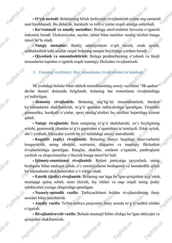 kichik yosh davri (3-4 yosh): bu davrda bola bog‘cha jamoasiga qo‘shilib, ijtimoiy munosabatlar doirasini kengaytiradi. u tengdoshlari bilan muloqot qilishni, o‘rtoqlashishni va o‘zaro yordam berishni o‘rganadi. 2.3. ta'lim metodlari ilk yoshdagi bolalar bilan ishlashda qo‘llaniladigan ta’lim metodlari ularning yosh xususiyatlariga mos bo‘lishi shart. · o‘yin metodi: bolalarning bilish faoliyatini rivojlantirish uchun eng samarali usul hisoblanadi. bu didaktik, harakatli va rolli o‘yinlar orqali amalga oshiriladi. · ko‘rsatmali va amaliy metodlar: bolaga atrof-muhitni bevosita o‘rganish imkonini beradi. ekskursiyalar, sayrlar, tabiat bilan tanishuv mashg‘ulotlari bunga misol bo‘la oladi. · nutqiy metodlar: badiiy adabiyotlarni o‘qib berish, ertak aytish, suhbatlashish kabi usullar orqali bolaning nutqini boyitishga yordam beradi. · qiyoslash va umumlashtirish: bolaga predmetlarning o‘xshash va farqli tomonlarini topishni o‘rgatish orqali mantiqiy fikrlashni rivojlantiradi. 3. fanning vazifalari: har tomonlama rivojlanishni ta’minlash. ilk yoshdagi bolalar bilan ishlash metodikasining asosiy vazifalari “ilk qadam” davlat dasturi doirasida belgilanib, bolaning har tomonlama rivojlanishiga yo‘naltirilgan. · jismoniy rivojlanish: bolaning sog‘lig‘ini …