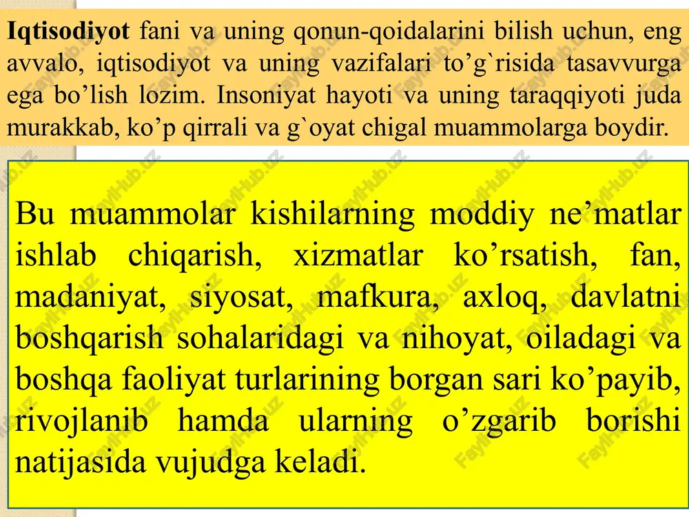 tiyojlarga bo‘linadi. moddiy ehtiyojlar azaliy, ular inson paydo bo‘lishi bilan vujudga kelgan. ular tabiiy ehtiyojdir. moddiy ehtiyojlar eng zarur va hayotiy ehtiyojlardir. oziq-ovqat, kiyim-kechak, turar-joylarga bo‘lgan ehtiyojlarning qondirilishi yashashning birlamchi shartidir. ehtiyojlar tizimida mehnat qilish, dam olish, ish qobiliyatini tiklashga bo‘lgan ehtiyojlar ajratiladi. mehnat ehtiyoji insoning o‘zida mujassamlashgan. mehnatsiz inson yashay olmaydi, chunki mehnatsiz nozu-ne’matlarni yaratib bo‘lmaydi va inson shaxsi kamol topa olmaydi. mehnat ehtiyoji insonda jismoniy mehnat qilish va aqliy qobiliyati borligidan kelib chiqadi. inson mehnatda o‘z o‘rnini topib va qobilyatini ishga solib, obro‘-e’tibor qozonishga harakat qiladi. inson mehnat qilar ekan, albatta ish qobilyatini tiklash uchun dam olishi va turli ko‘ngil ochar tadbirlarda qatnashishi zarur. ehtiyojlar bilan ishlab chiqarish nisbati o‘zgarishining uch muqobil varianti mavjud bo‘ladi: 1. regressiv. bu muqobil holat uzoq muddat ishlab chiqarishning tushkunlikda bo‘lishi natijasidan kelib chiqadi. iqtisodiyotni bunday o‘zgarishini girdob tarzida ko‘rish mumkin. aholi iste’moli miqdor va sifat jihatdan ham kamayib boradi. 2. turg‘un. bu …