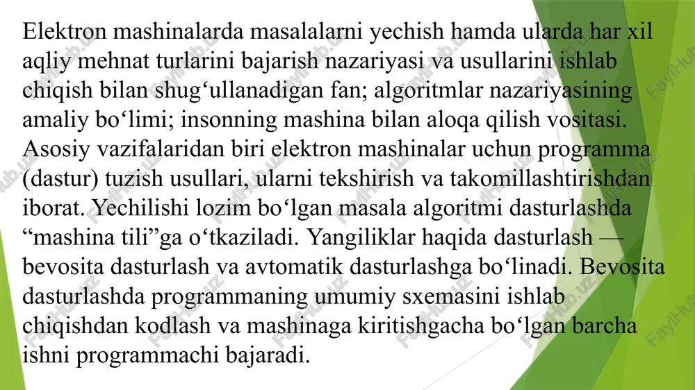 sturiy vositalar majmuasi. dastur yaratish bosqichlari. birinchi bosqichda dastur uchun talab aniqlanadi. ushbu jarayonda dasturning qanday maqsadda qoʻllanilishi, kirish va chiqish maʼlumotlari aniqlanadi. dastur va resurslarni ishlab chiqish, uni joriy etishning narxi baholanadi. ikkinchi bosqichda dastur loyihasi ishlab chiqiladi. dasturchilar uchun texnik topshiriq va vazifalar shakllantiriladi. ishchi hujjatlar hamda ish rejasining grafigi tuziladi. uchinchi bosqichda dastur kodi yoziladi. bu kodlash (dasturlash) jarayoni boʻlib, tuzilgan algoritm dasturlash tilida yoziladi. toʻrtinchi bosqichda kodlash jarayoni tugab, dasturdagi xatoliklarni aniqlash va testlash boshlanadi. bu jarayonda dasturning oʻgʻri tuzilganligi, ishlash samaradorligi va boshqa parametrlariga aniqlik kiritiladi. beshinchi bosqichda dastur amaliyotga joriy etiladi. agar dastur aniq buyurtmachi talabiga muvofiq yaratilgan bólsa, u holds bu bosqich eng muhim bosqich sanaladi. bunda avvalgi dasturda foydalanilgan qurilma va maʼlumotlar yangi dasturga moslanadi. ushbu dastur bilan ishlovchi mutaxassislar óqitiladi. oltinchi soʻnggi bosqichda qoʻllab- quvvatlash amalga oshiriladi. bu bosqichda foydalanuvchilarga tavsiyalar beriladi. image1.jpg image2.jpg image3.png image4.jpg image5.png image6.png image7.jpg image8.png image9.png …