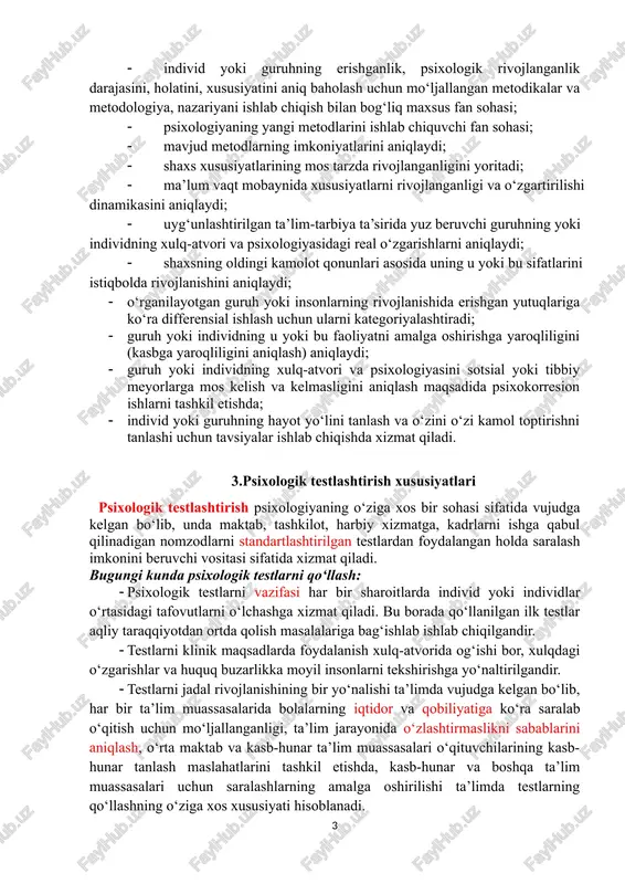 hda ifodalash mumkin. psixodiagnostika (psixologik diagnostika) – klientning alohida yoki qator psixologik holatlari va psixologik xususiyatlari haqida to‘liq psixologik diagnoz qo‘yish va kvalifikatsion qaror qabul qilish. psixodiagnostika – baholash va o‘lchash, aniqlash yo‘llari, usullari va tamoyillarini ishlab chiquvchi psixologiya fanining sohasi bo‘lib, uni bir qator mulohazalar tarzda. · psixologik testlashtirishning sinonimi; · shaxs haqida proektiv metodikalar yordamida ma’lumot olish metodi sifatida; · psixologik test yordamida kasallarning psixik holatlarini amaliy baholash va nazariyasi sifatida tushunishga imkon beradi. psixodiagnostikani zamonaviy fan sifatida talqin qilishda quyidagicha yondashish maqsadga muvofiqdir: · individ yoki guruhning erishganlik, psixologik rivojlanganlik darajasini, holatini, xususiyatini aniq baholash uchun mo‘ljallangan metodikalar va metodologiya, nazariyani ishlab chiqish bilan bog‘liq maxsus fan sohasi; · psixologiyaning yangi metodlarini ishlab chiquvchi fan sohasi; · mavjud metodlarning imkoniyatlarini aniqlaydi; · shaxs xususiyatlarining mos tarzda rivojlanganligini yoritadi; · ma’lum vaqt mobaynida xususiyatlarni rivojlanganligi va o‘zgartirilishi dinamikasini aniqlaydi; · uyg‘unlashtirilgan ta’lim-tarbiya ta’sirida yuz beruvchi guruhning yoki individning …