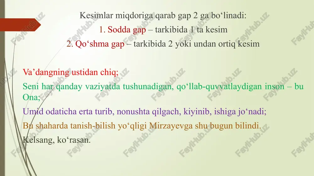 -a, -ya). masalan: chindan qo'rqqaningmi bu, robiya? (p.o.). ammo naziraning o'rniga o'zimni qo'yib ko'rsam -chi? (o '. usmonov). so'roq olmoshlari (kim, nima, qanday, qaysi, qachon, qaerda, nega va boshqalar). masalan: akmalxon. nega bizga qatnamay qo'ydingiz? (f.musajonov). nega o'rtoqlaringizga qaramaysizlar? bu qanaqa tartibsizlik? (o \ usmonov). so'roq intonatsiyasi. bunda savol mazmuni bilan bogiiq bo‘lgan so'zda intonatsiya (ohang) ko'tariladi. masalan: soyliqqa borasiz? - deb so'radi. (o '. usmonov). juda kamnamolar akmalxon? (f.musajonov). so'roq gaplar so'roqning xususiyatiga ko'ra uch turga bolinadi: sof so'roq gaplar, ritorik so'roq gaplar. so'roq buyruq gaplar. sof so'roq gaplar tinglovchidan so'roqqa javobni talab qiladi. masalan: kechagi maqola nima bo'ldi. rahim aka? (f.musajonov). qishloq xo'jalik bo 'limi shumi? (f.musajonov) ritorik so'roq gaplarda so'roq ichida uning javobi ham anglashilib turadi. masalan: dunyoda sizga ishongan. sizni jonidan aziz ko'radigan kishining yuziga oyoq bosishdan og'ir jinoyat bormi? (a.muhiddin). so'roq-buyruq gaplar so'roq orqali buyruq jilvasini o‘z ichiga oladi. masalan: aka, nega indamaysiz? (p.oodirov). uka, …