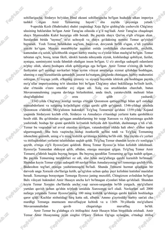 suddin kulol xuzuriga borganida u bo’lg’usi soxibqironga yettita non ba bir qism xolvani berib: “manashu yettita nonni yegin, shunda syen yerning yetti iqlimiga, butun dunyoga xokim bo’lasan” dyeydi “men nonlarni extiyot qildim; bu menga alloh ato etgan barokotning boshlanishi edi” deydi temur. uning otasi amir tarag’ay «to’rg’ay» ba amakisi amir xoja barlos qabila biylari ba yirik mulkdor amirlaridan edi. temur yoshlik chog’laridanoq xarbiy ishga nixoyatda qiziqardi. u tyezda moxir suboriy ba qaxramon jangchi sifatida butun qashqadaryo bodisida shuxrat qozanadi. uning atrofida barlos qabilasidan chiqgan jangchi yoshlar to’plana boshlaydi. temur qo’l ostidagi nabkarlari bilan ayrim amirlarga xizmat qiladi, janglarda chiniqadi. 1360 ba 1361yillarda mo’ng’uliston xoni tug’luq temur mobaraunnaxrdagi og’ir siyosiy baziyatdan foydalanib, uni bo’ysundirishga xarakat qiladi. u xyech qanday qarshiliksiz qashqadaryo bodiysiga bostirib kiradi. o’sha baqtlarda qashqadaryo viloyatining xokimi amir xoji barlos dushmanga qarshi kurashish o’rniga xurosonga qochadi. temur amakisining viloyatini qo’ldan byermaslik maqsadida tug’luq temur xizmatiga o’tib, kyesh viloyatiga amir …