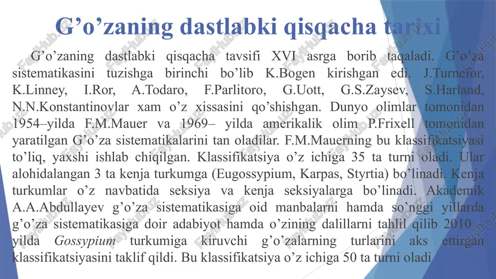 g.australie f. miill 34 g.robisonii f. miill 35 g. bickii prokh g‘o‘zaning xalq xo‘jaligidagi ahamiyati. g’o’zaning asosiy mahsuloti chigitning ustida rivojlanadigan tolasidir. g’o’zaning chigiti (urug’i) – qimmatli mahsulotlarning manbaidir. chigitning tarkibida 20-25 % yog’, 18-20 % oqsil; kraxmal, fitin, gossipol va boshqa birikmalar uchraydi. shuningdek, chigitda ko’plab har xil vitaminlar ham mavjud. masalan, 1 kg chigitida 3,1-3,2 mg b1 (tiamin), 15-28 mg b2 (riboflavin), 11 mg b6, 11 mg b3, 16-32 mg b5, (pp) va boshqalar uchraydi. yuqori sifatli oqsil olishning manbalaridan biri – g’o’za o’simligidir. g’o’za barglari muhim kimyoviy xom ashyo hisoblanadi. g’o’za bargida 17 xil organik kislotalar-limon, olma, askorbin, uksus, yantar, valerian, chumoli va boshqalar mavjud. bargda organik kislotalarning eng ko’p yig’ilishi vegetatsiya davrining oxiriga (20-sentabrdan so’ng) to’g’ri keladi. g’o’za barglari aminokislotalar, karotin, inozit va riboflavin kabi vitaminlarga boy. gossipol moddasidan odamlarda buyrakni ko’chirib o’tkazishda foydalaniladigan batriden degan dori ham tayyorlanadi. g’o’za poya ham muhim xom ashyo hisoblanadi. …
