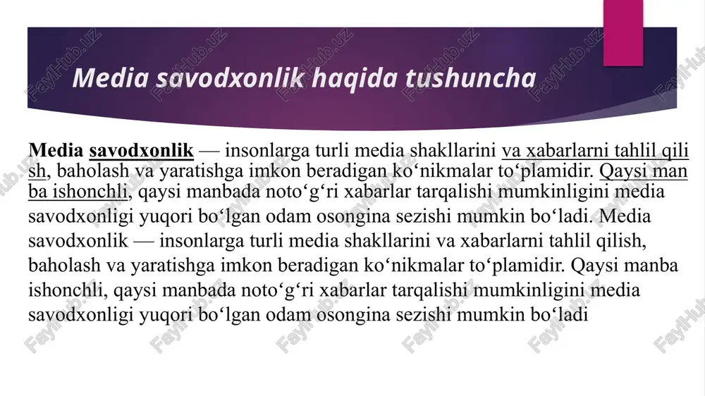 k uchun qilingan ishlar haqida yuzaki yondashuv, barcha narsani shunchaki bajarish professional vazifani amalga oshirish uchun yetarli emas. medialarning birlashuvi, yaʼni konvergensiya sharoitida jurnalist ijodi o‛zining ko‛p qirraligi, axborotni qisqa, faktlarga asoslangan holda, zamonaviy talablarga mos ravishda tezkor uzatishi bilan ajralib turadi. raqamli texnologiyalar konvergensiyasi sharoitida media va axborot savodxonligiga ega bo‛lgan jurnalistlarning ijodiy faoliyati sifat bosqichiga ko‛tariladi. oʻzbekistonda mediasavodxonlik uchun qilingan ishlar haqida shuningdek, universallashuv jarayoni jurnalistlarni quyidagilarni bajara olishlariga sharoit yaratdi: • dolzarb, ijtimoiy axborotni yaratish; • mavjud ijtimoiy jarayonlarni tankidiy jihatdan tahlil eta olish; • medianing ijtimoiy jarayonlarga taʼsir etish ko‛lami va darajasini, unda axborotni namoyish etish shakllarini tushunish; • ularning o‛zlarining faol fuqarolik pozitsiyasini namoyish etishda undan foydalanish va ijodiy jihatdan tushunish; • har taraflama puxta va mustaqil qarorlar qabul qilish; • atrof-muhit haqida yangi axborot olish; • umumiylik hissiyotini shakllantirishga ko‛maklashish; • jamiyat rivojining dolzarb masalalari bo‛yicha ommaviy debatlar va dialoglarni taʼminlash va qo‛llab-qo‛vvatlash; • …