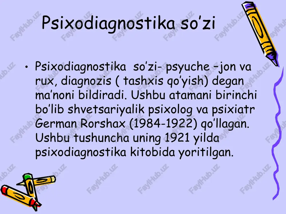 i va unga quyidagi psixologik diagnostika; psixologik maslahatlar; psixokorreksiya (psixologik yordam ko’rsatish) bilan bog’liq texnologiyalarni qo’llashlar kiradi. differensial psixologiya predmetini tashkil etuvchi manbalar to’g’risida so’z borganda, hamma tadqiqotchilar bir ovozdan test metodi asoschilari f.galton, j.kettell, a.bine va boshqa olimlarning dalillarini qabul qilishdi. psixodiagnostika va differensial psixologiya sohalarining tadqiqotlar mavzusi bir-biriga o’xshash. lekin soha vakillari ularni: o’ziga xos farqlikni o’lchashga mo’ljallangan; farqlashning kelib chiqish sabablarini anglab yetishga qaratilgan sifatida bo’lib o’rganishadi. zamonaviy psixologiyada psixodiagnostikaga “fan va tajriba o’rtasidagi kop’rik” misoli qaraladi. fan – o’ziga xos psixologik farqlarni o’rganuvchi differensial psixologiyadir; tajriba – psixologik tashxis qo’yish, ya’ni psixodiagnostikadir. e’tiboringiz uchun raxmat!!!