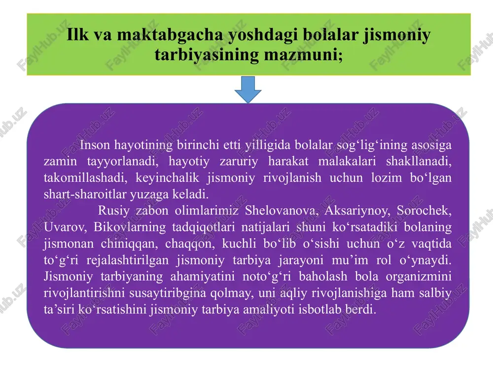 hik yoshlardan boshlanadi. bu esa hayot uchun kerakli malaka va ko‘nikmalarni osondan qiyin didaktik tamoyili asosida, ketma-ketlikda, asta-sekinlik bilan olib boriladi va jismoniy tarbiya haqida eng sodda bilimlar, shaxsiy, umumiy gigiena qoidalari talablariga bo‘ysunishga o‘rgatiladi. maktab yoshigacha bo‘lgan bola jismoniy tarbiyasi umumiy o‘qitish uslubiyatlari asosida olib boriladi va o‘qitishning quyidagi – onglilik va faollik, ko‘rgazmalik, kuchiga yarashalik va individuallashtirish, tizimlilik, talabalarini oshirish tamoyillariga tayanadi. bolani harakatga o‘rgatishda quyidagilar inobatga olinadi; a). ko‘rgazmalilik uslubiyatida bajarilishi kerak bo‘lgan harakat, ko‘rgazmali qurol orqali ko‘rsatiladi, taqlid qilinadi va narsalar turgan tomonlarga qarab bajarish uchun mo‘ljal beriladi. b). so‘z yordamida ko‘rsatib tushuntiradi, buyruq yordamidan, aytib berish, so‘rash va boshqa uslubiyatlardan foydalaniladi. v). mashq qilish uslubiyati –harakatni bajarish shartini o‘zgartirmasdan va o‘zgartirib bajarishdan foydalaniladi. d). o‘yin va musobaqa uslubiyati. ko‘rgazmalilik uslubiyati ; ko‘rgazmalilik uslubiyati - hamma yoshdagi guruhlarda yoshning katta-kichikligiga,harakat malakasi zahirasining ko‘p yoki ozligiga qarab qo‘llashning mezoni belgilanadi. bu uslubni bolalar qancha kichik yoshda bo‘lsa …